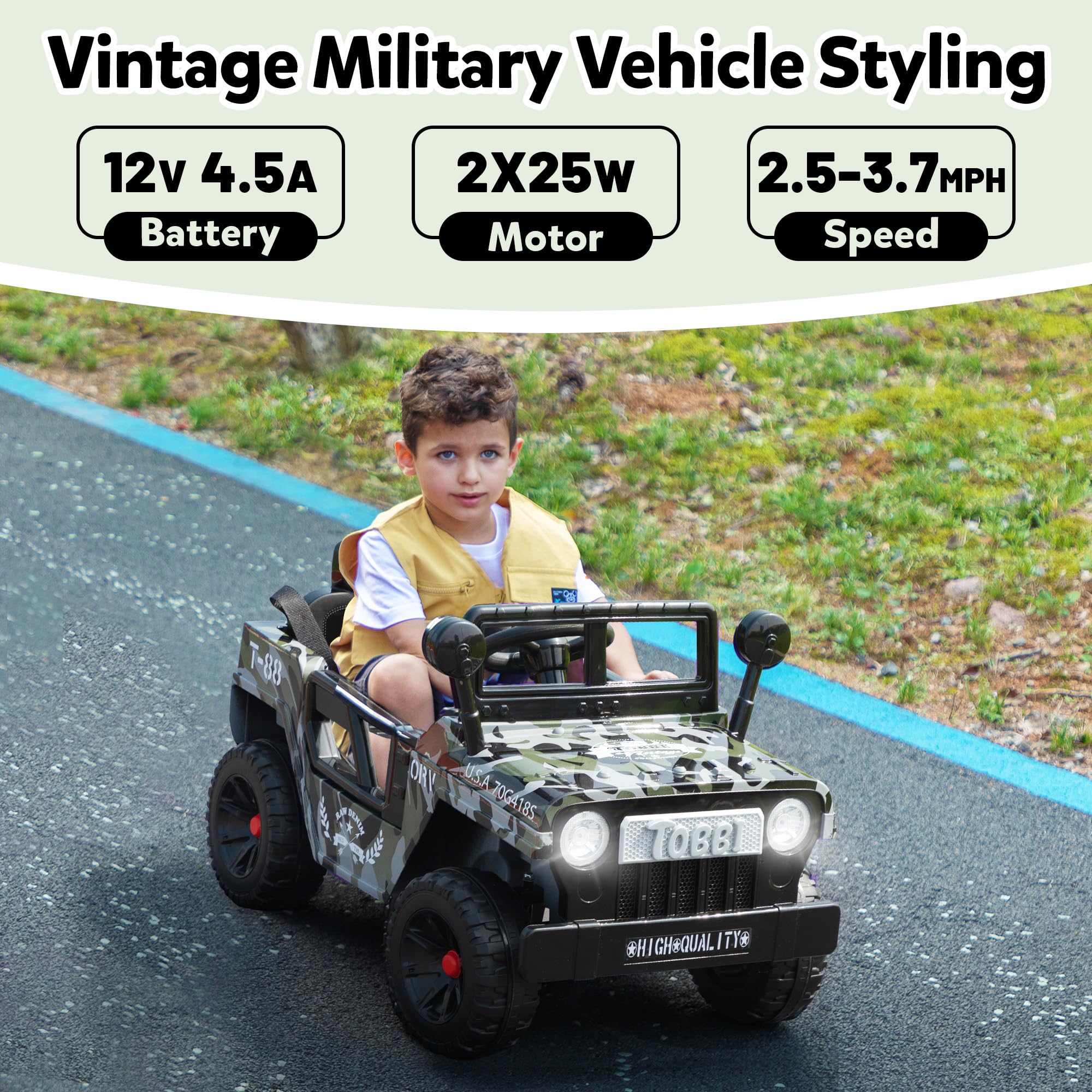 TOBBI 12V Kids Ride On Truck - Electric Battery Powered Toy Car for Toddlers with Off-Road Wheels, Suspension, Horn & LED Lights - Best Gift for Boys & Girls Ages 3-6 (Camouflage Design) - Perfect for Outdoor Play, Birthday Presents & Christmas Gifts