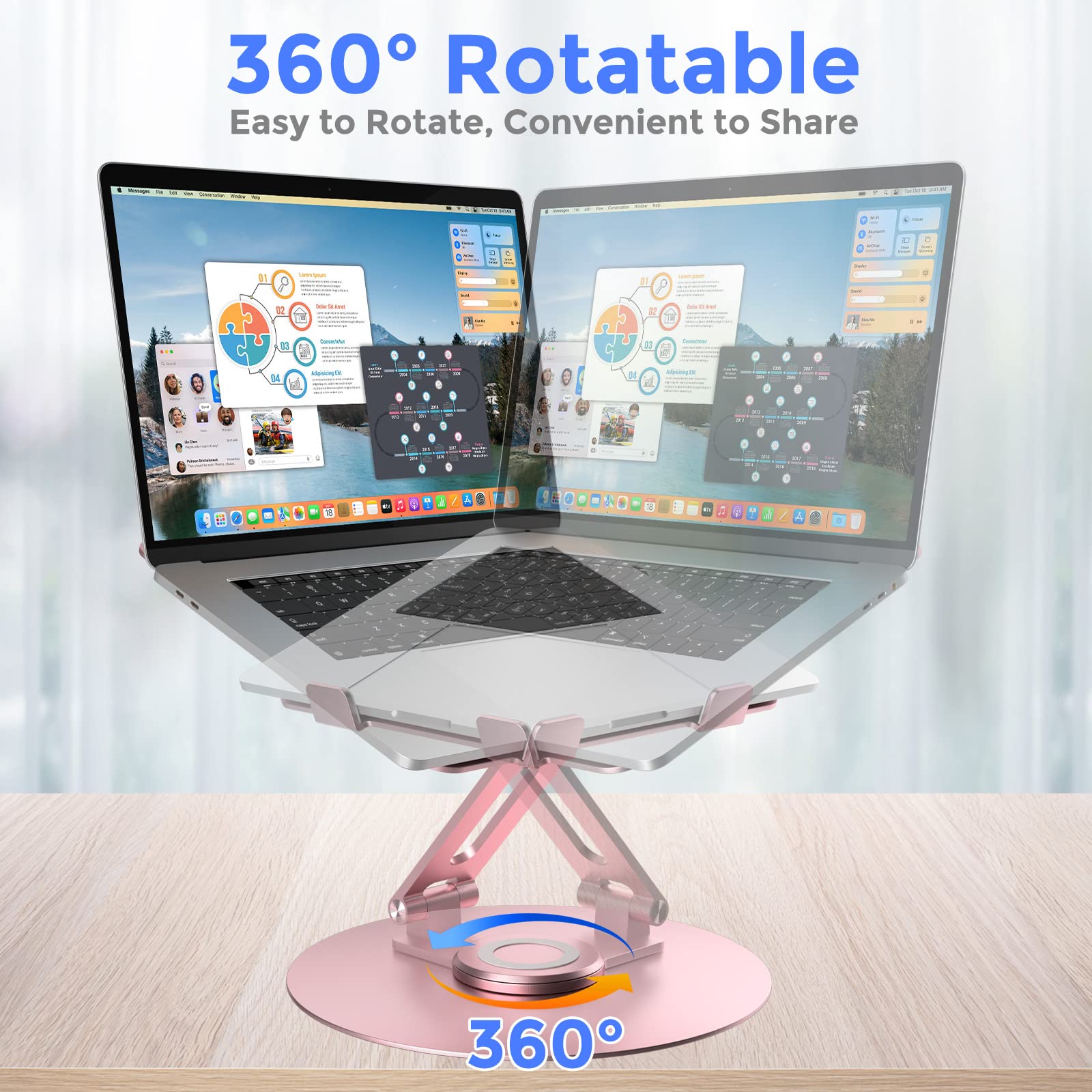 Swivel Laptop Stand for Desk - Adjustable Height, 360° Rotating Base, Foldable Ergonomic Riser, Portable Aluminum Holder for MacBook & All 10-17'' Laptops, Pink - Perfect for Home Office & Remote Work