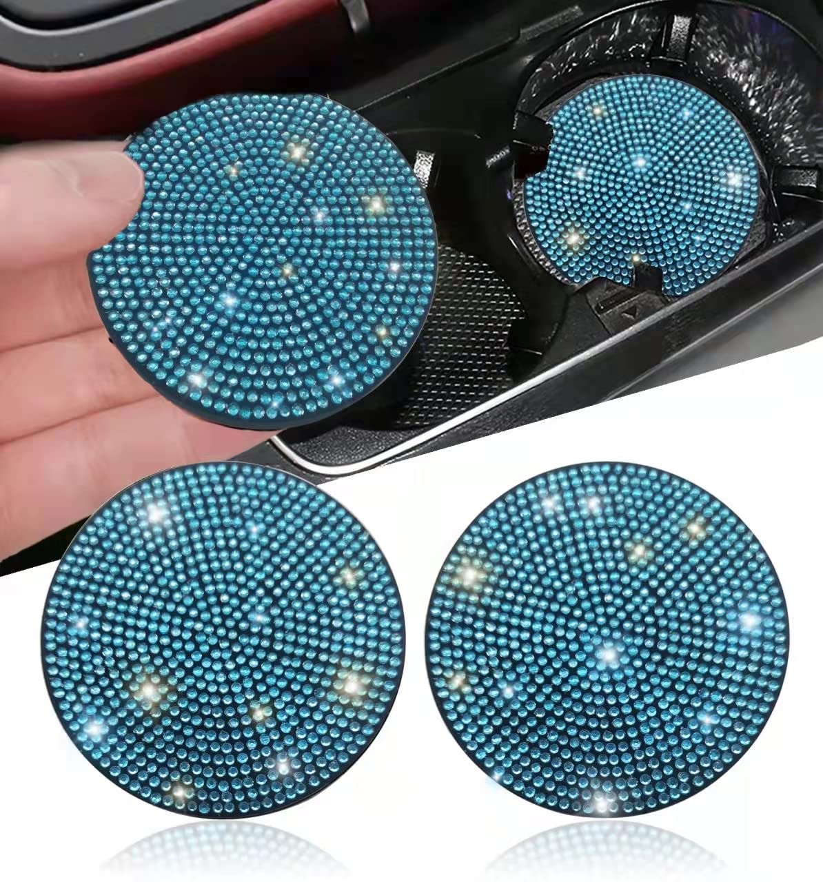 Bling Crystal Rhinestone Car Cup Holder Coasters - 2.75 Inch Anti-Slip Shockproof Universal Automotive Accessories for Women (2 Pack, Aquamarine) - Perfect for Luxury Cars, SUVs & Travel Mugs
