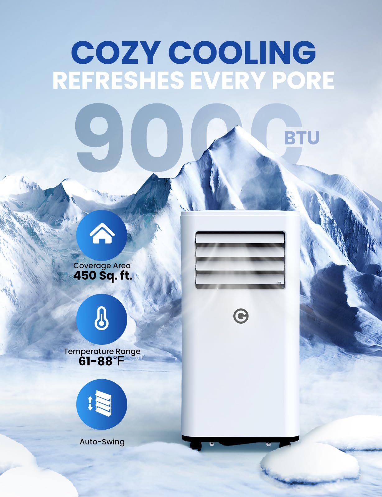 Portable Air Conditioner 9000 BTU - 4-in-1 AC Unit with Dehumidifier, Cooling Fan, Digital Display & Remote Control - Window Kit Included - Cools Rooms Up to 269 Sq.Ft - Perfect for Bedrooms, Living Rooms, Home Offices & Small Apartments