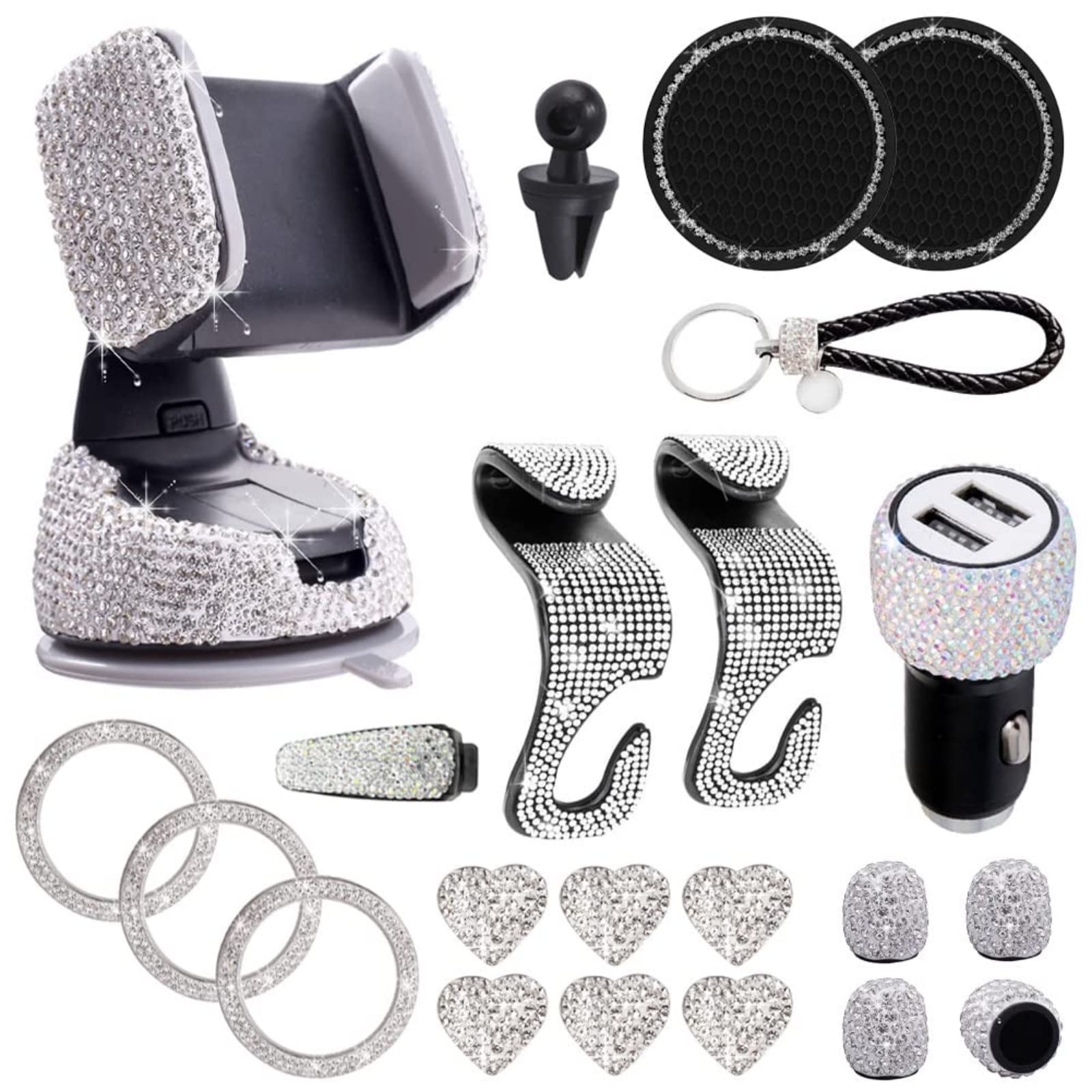 YOUNICE 21PCS Bling Car Accessories Set for Women - Crystal Phone Holder, Charger, Coasters & Seat Hooks - Stylish White Car Decor for Daily Commute & Road Trips