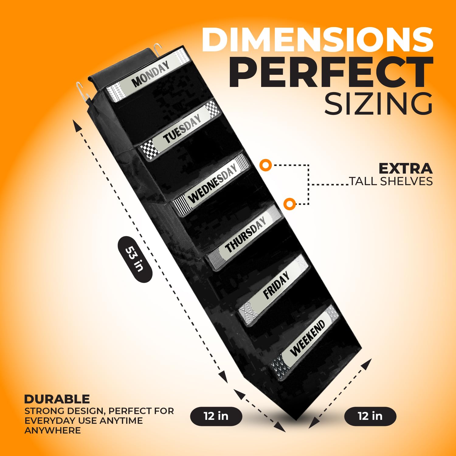 6-Shelf Hanging Closet Organizer with Side Pockets - Foldable Weekly Clothing Storage for Travel - Heavy Duty Black Wardrobe Organizer - Perfect for Bedroom, Closet & Suitcase Organization
