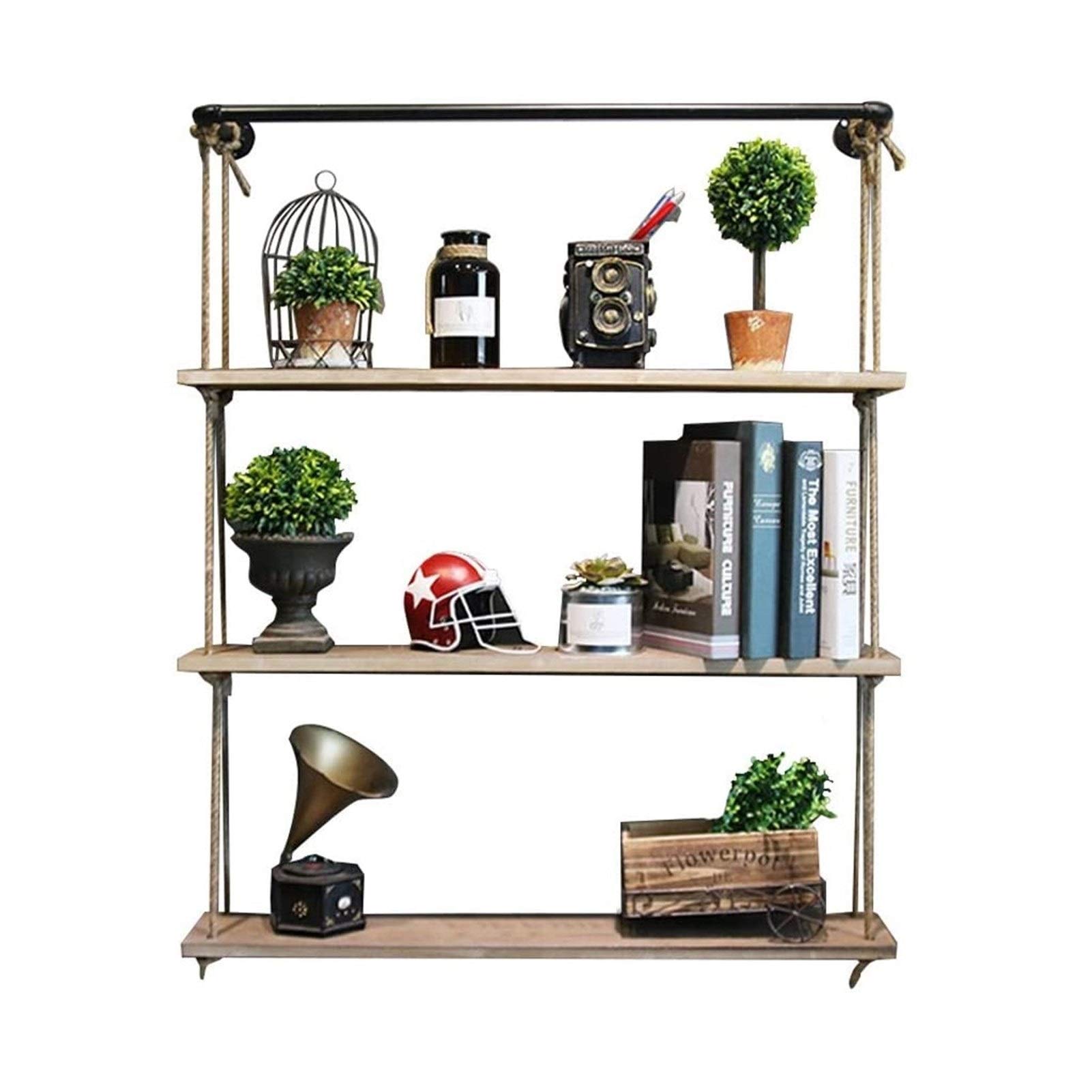 Rustic Floating Shelves with Jute Rope - 3-Tier Wall Mounted Hanging Shelf (80×20×90cm) - Wooden Swing Shelf for Home Storage & Organization - Perfect for Living Room, Bedroom, Kitchen Decor & Display