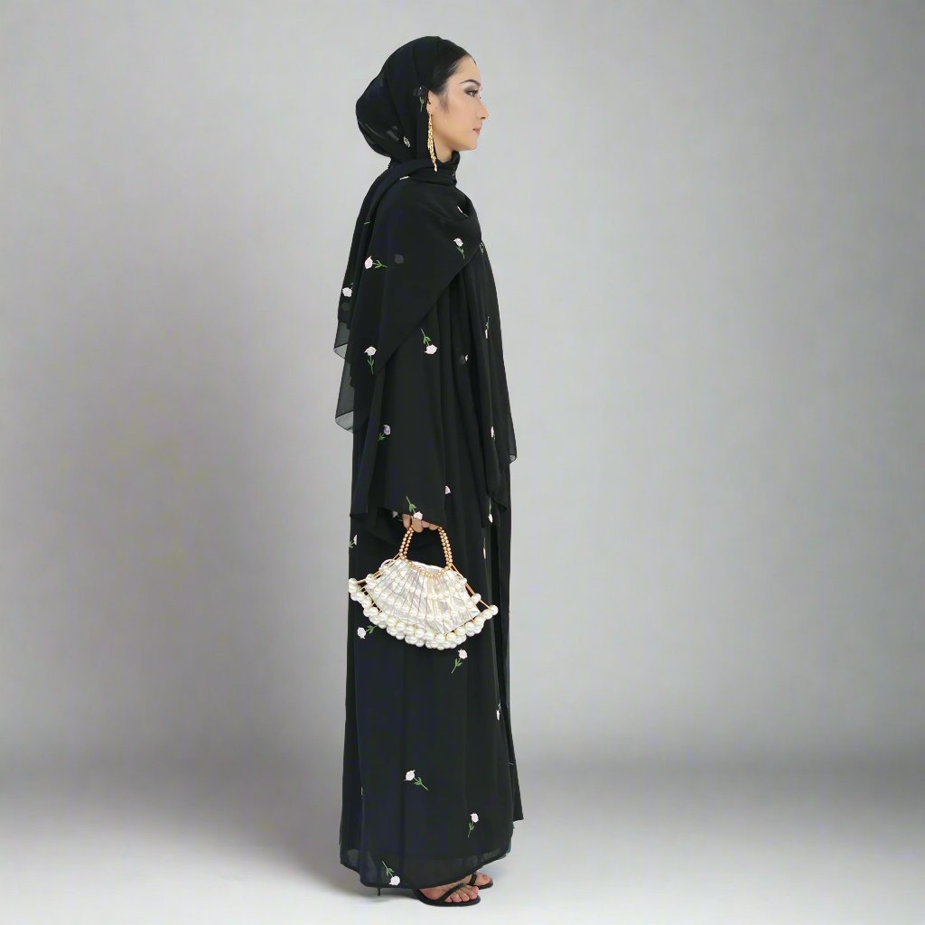 Elegant Black Chiffon Open Abaya Kimono Set for Women - Modest Islamic Fashion, Perfect for Prayer, Eid, and Special Occasions