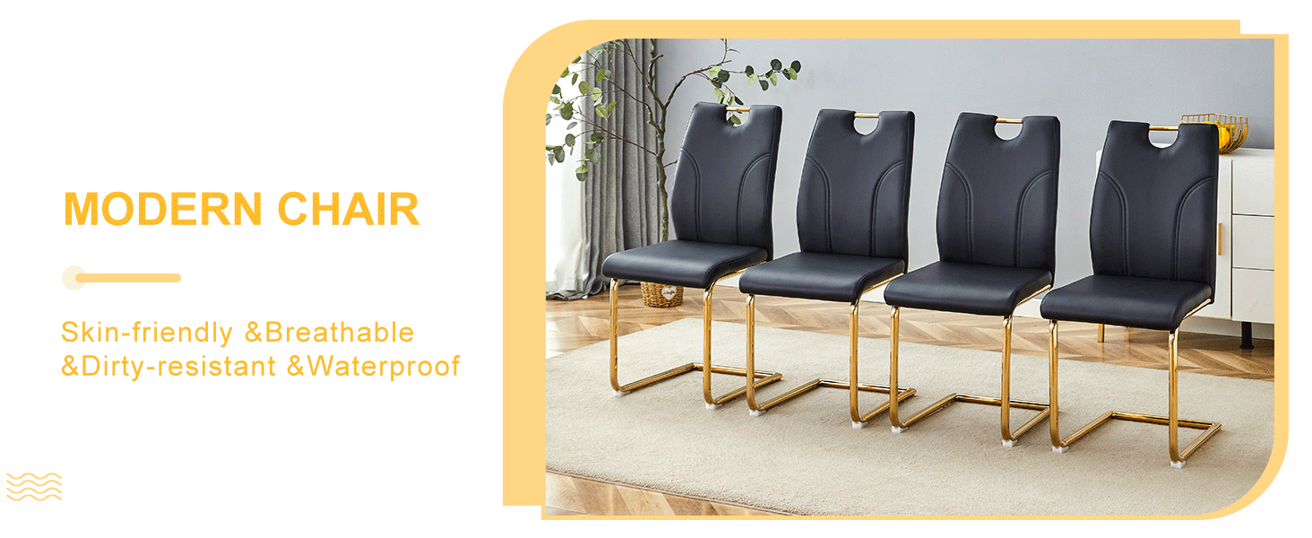 Modern Black PU Dining Chairs Set of 6 - Elegant Gold Metal Legs, Waterproof & Durable for Kitchen, Restaurant, Office - Perfect for Dining Room, Conference Room & Home Decor