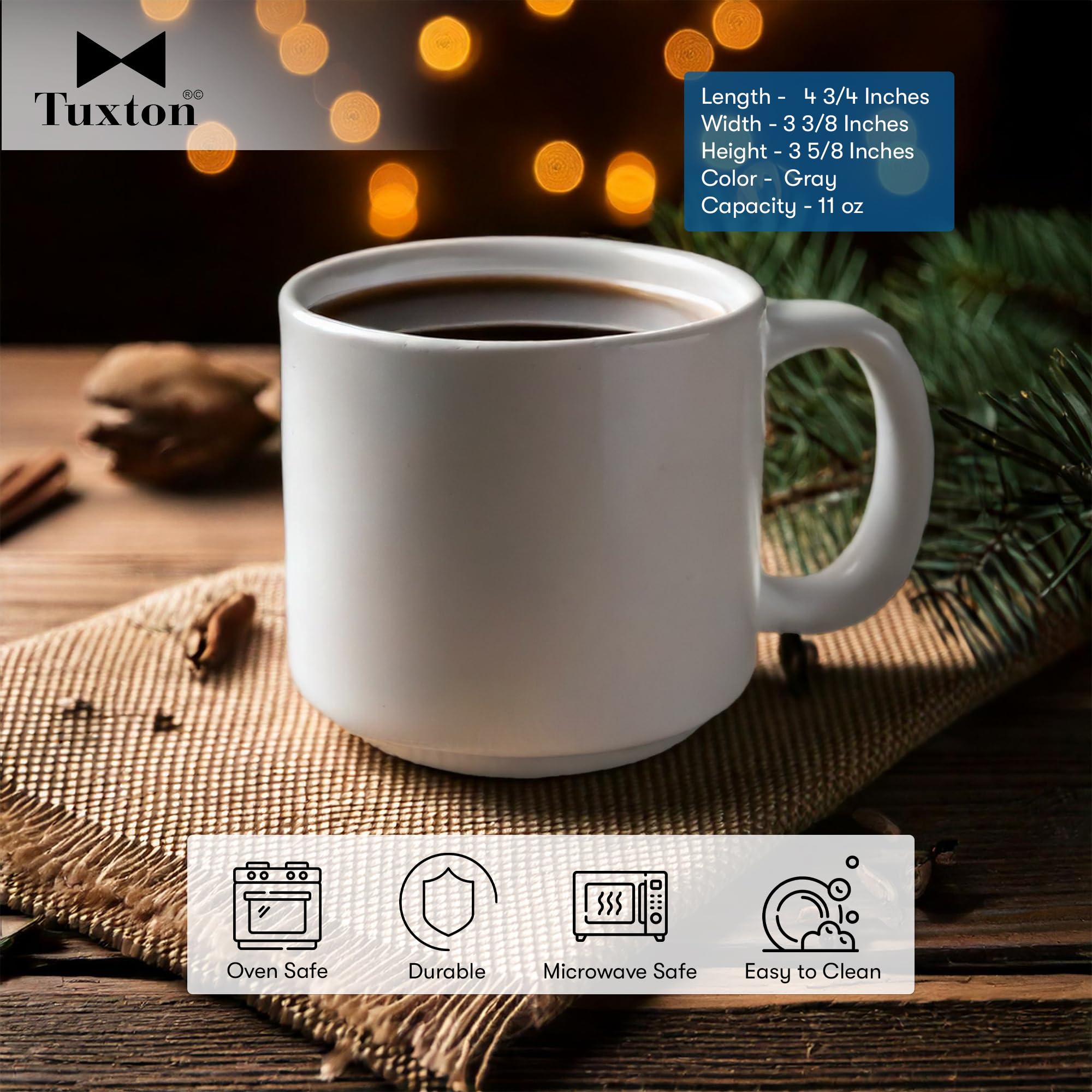 Tuxton Zion Matte Gray 11-Oz Stackable Yukon Mug - Set of 24, Durable & Scratch Resistant, Lead-Free & Dishwasher Safe - Perfect for Coffee, Tea, or Hot Chocolate at Home, Office, or Camping