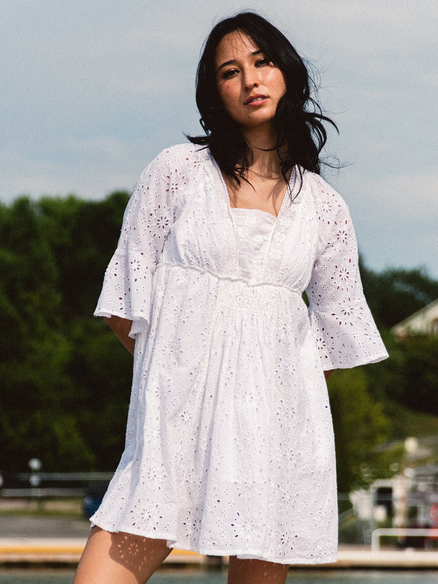 BILA77 ESPERANZA Eyelet Dress for Women - Floral Summer Maxi Dress with Lace Trim - Perfect for Beach Vacations, Weddings & Outdoor Parties