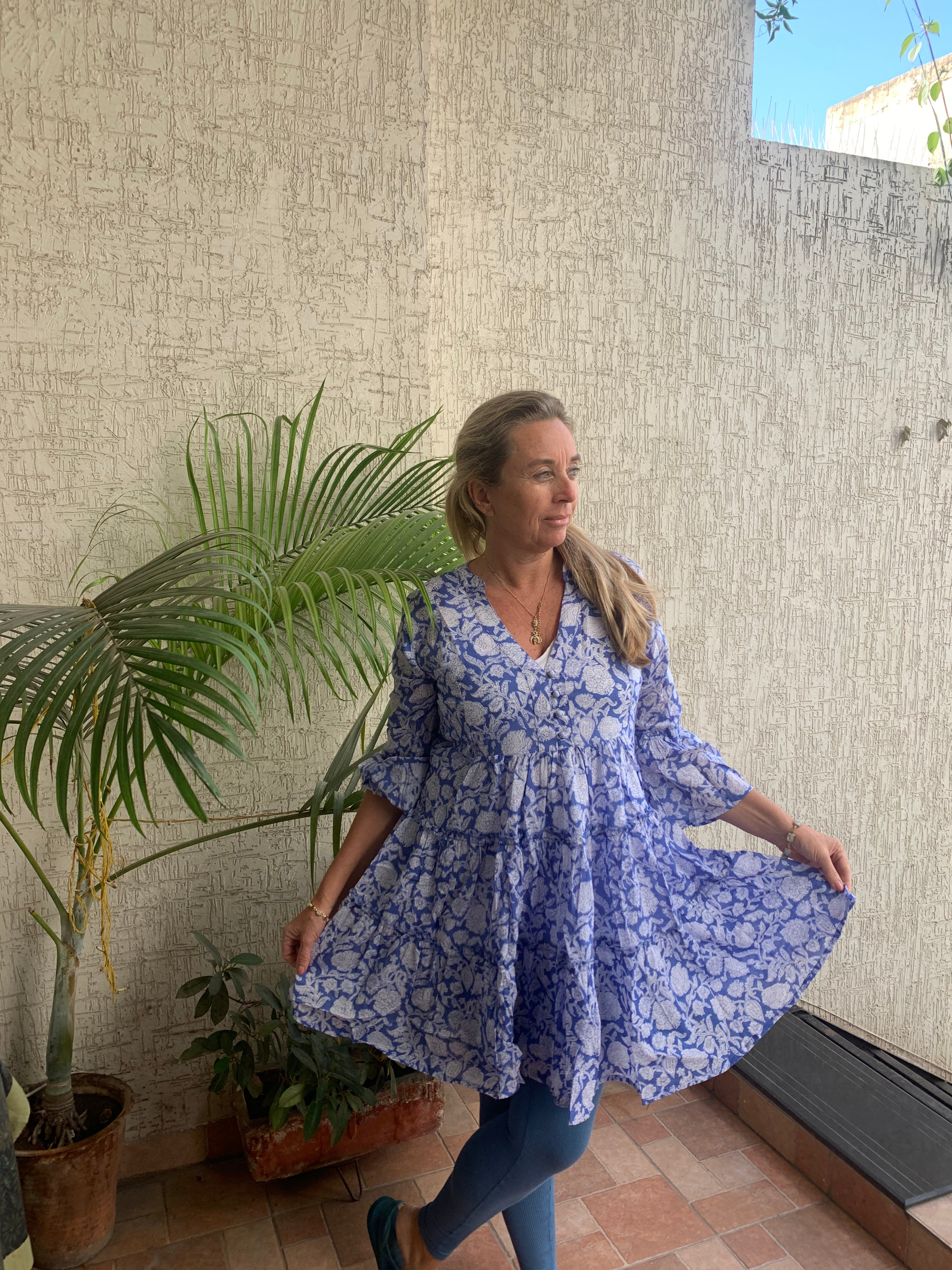 Bohemian Short Blue Block Print Organic Cotton Dress - Casual Summer Outfit for Beach, Festival & Everyday Wear