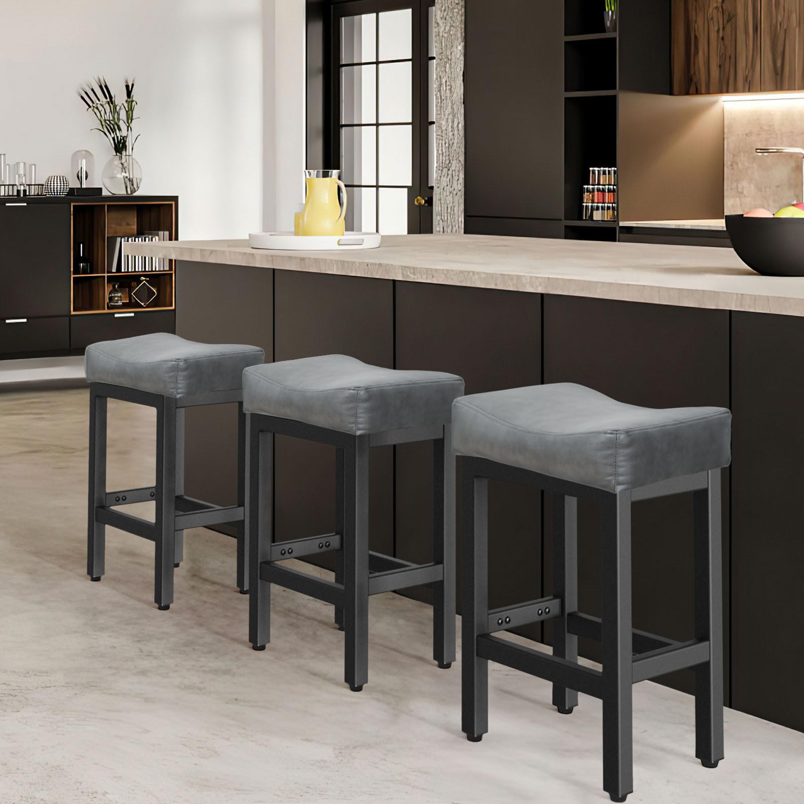 24 Inch Counter Height Bar Stools Set of 2 - Heavy Duty Metal Base Kitchen Island Stools with Thick Bonded Leather Saddle Seats, Easy Assembly, All Black - Perfect for Kitchen Islands, Breakfast Bars & Home Bars