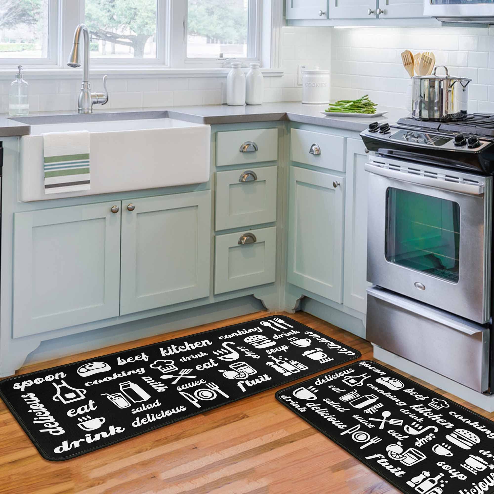 Black Kitchen Rugs Set of 2 - Non-Slip Washable Kitchen Floor Mats & Doormat Runner Rug - 17