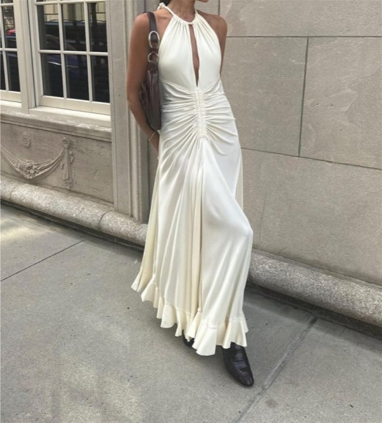 Elegant Pleated Drawstring Slim Flounce Maxi Dress for Women - Sleeveless Ruffle Robe with Cut Out Design | Perfect for Spring Parties, Club Nights & Special Occasions