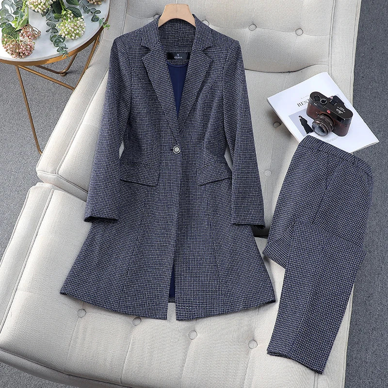 Women's Autumn Winter Formal Office Business Suit Set - Slim Fit Plaid Blazer & High Waist Ankle Pants | Professional Work Attire for Business Meetings & Corporate Events