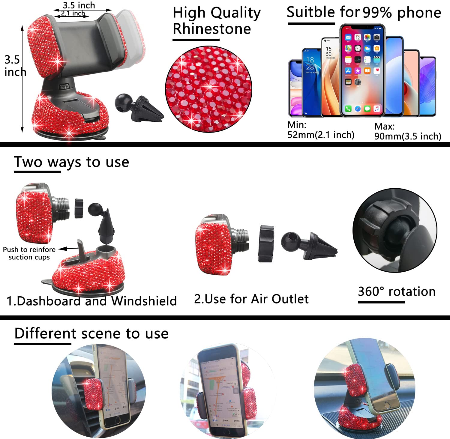 27Pcs Car Accessories Set for Women - Steering Wheel Cover, Phone Holder & More (Red Diamond) - Perfect Gift & Car Decor