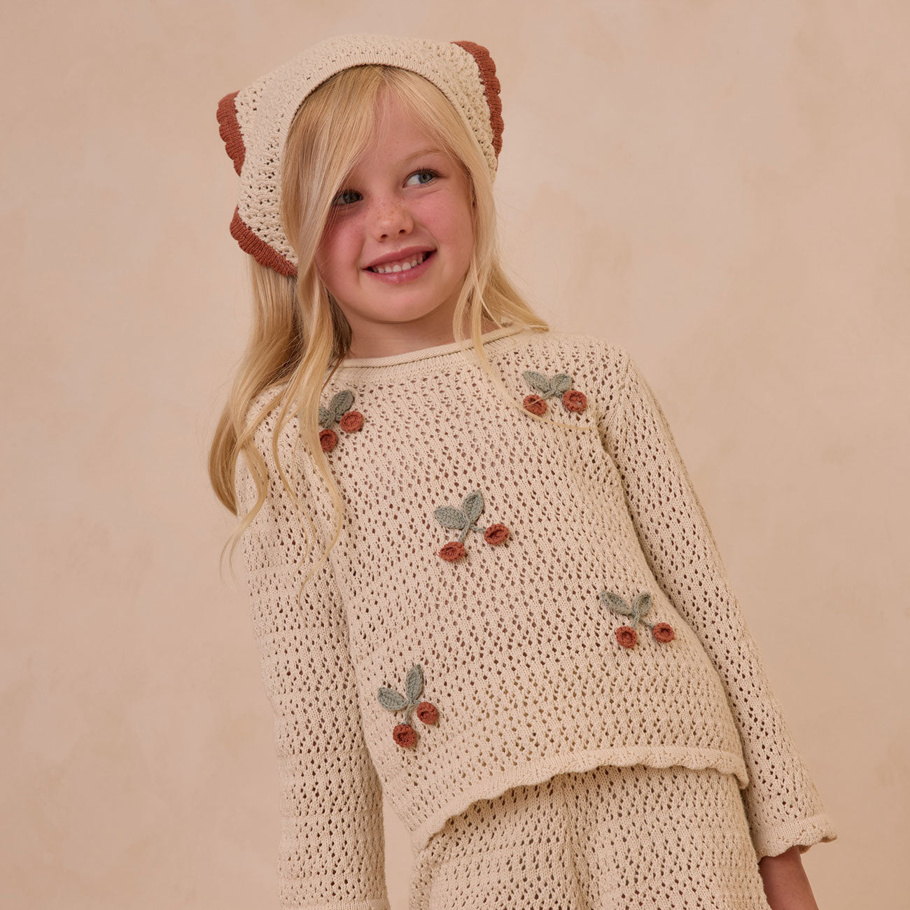 Cherry Print Crochet Knit Pullover Sweater - Women's Fashion Boho Chic Top for Casual Wear & Fall Outfits