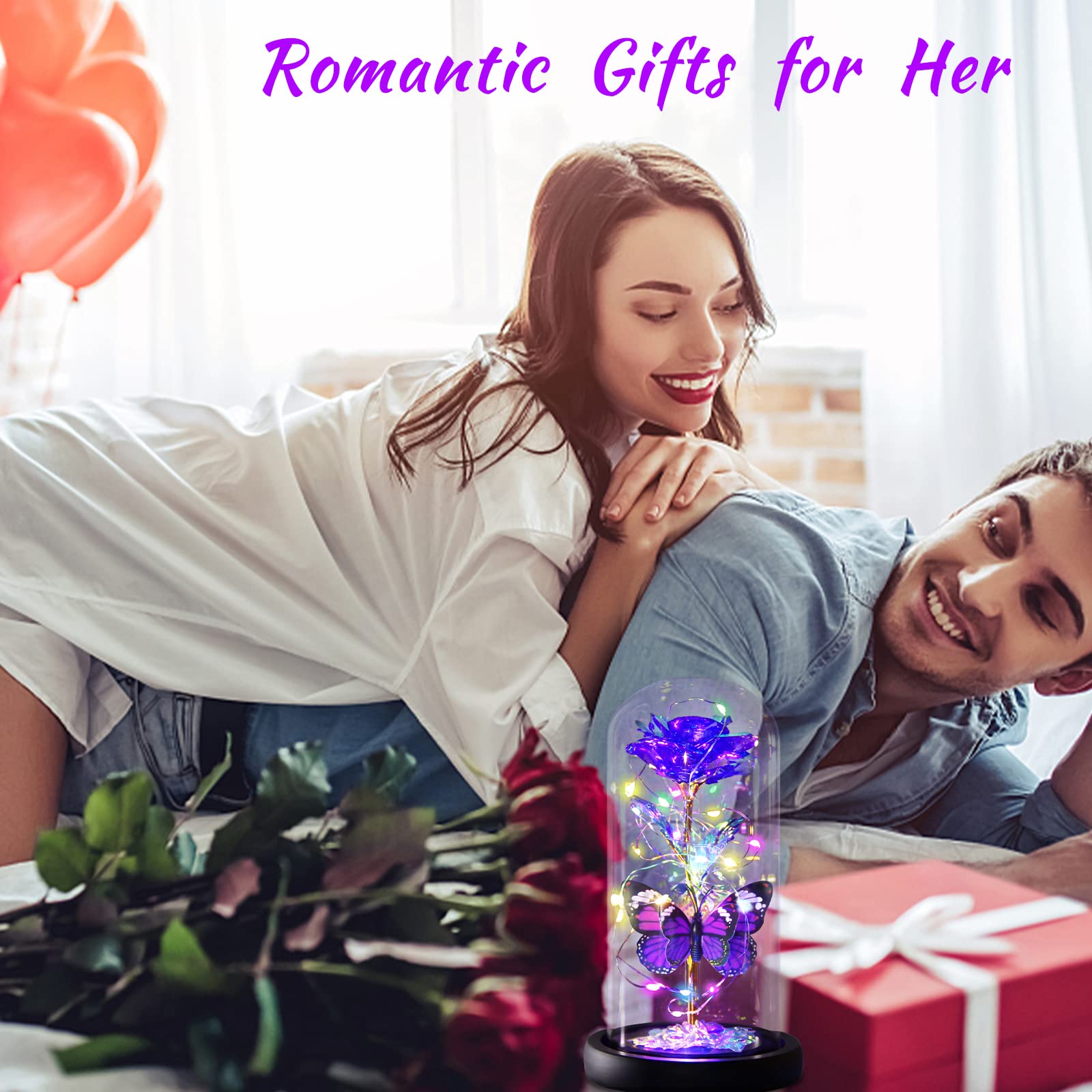 Purple Butterfly Rose Flower Gift - Elegant Light Up Rose for Women, Mom, Wife, Grandma, Girlfriend, Daughter, Sister - Perfect for Birthday, Mother's Day, Valentine's, Anniversary, Christmas & Thanksgiving - Romantic Home Decor & Special Occasion Present