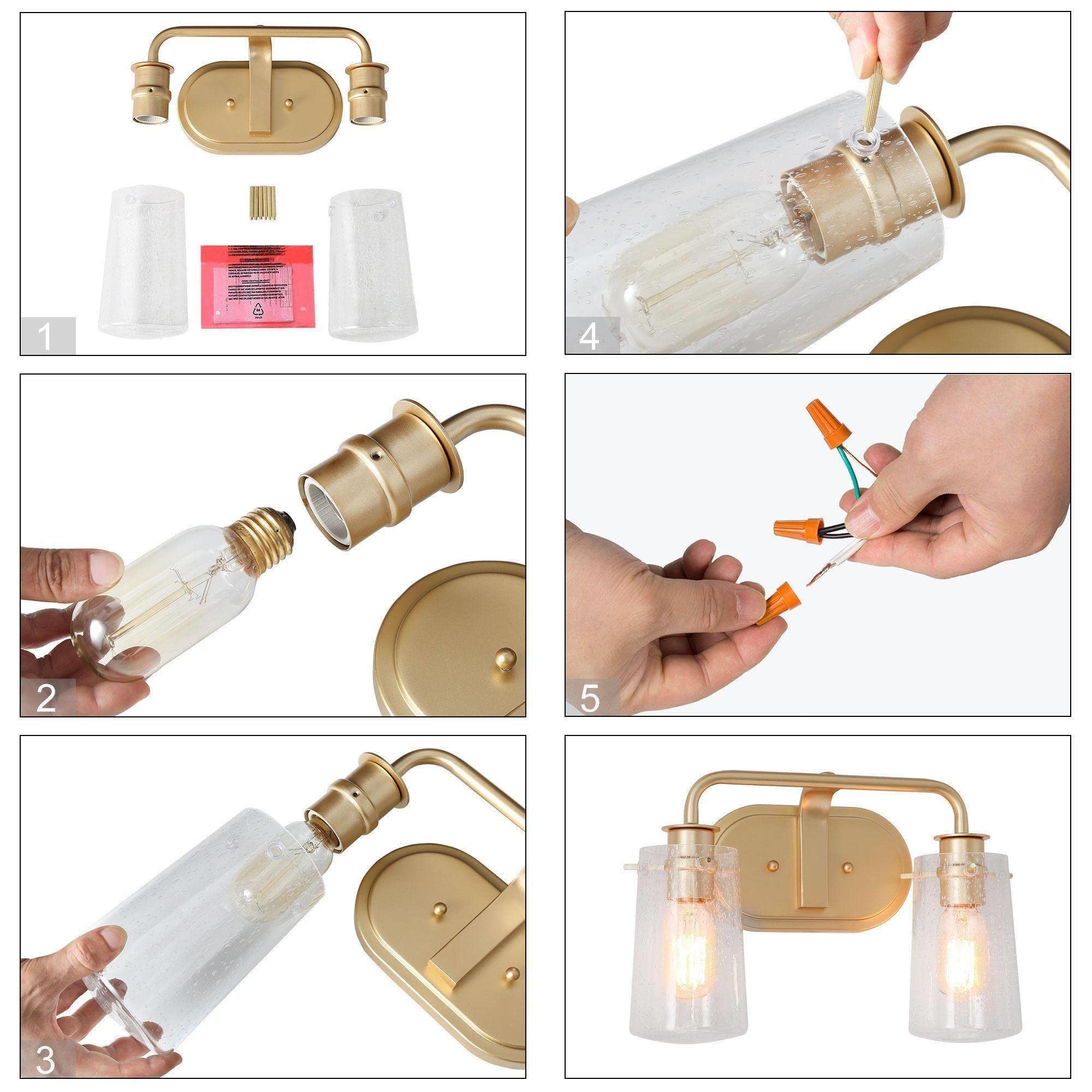 KSANA Gold Vanity Light Fixture - 2-Light Seeded Glass Shade Bathroom Mirror Lighting, E26 Bulb Compatible, 13.5
