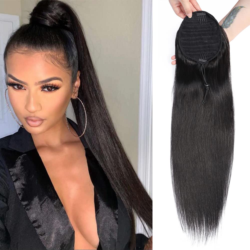 100% Unprocessed Brazilian Straight Human Hair Ponytail Extensions - 110g Natural Color (14 Inch, Straight) for Black Women | Drawstring Ponytail for Daily Wear, Parties & Special Occasions