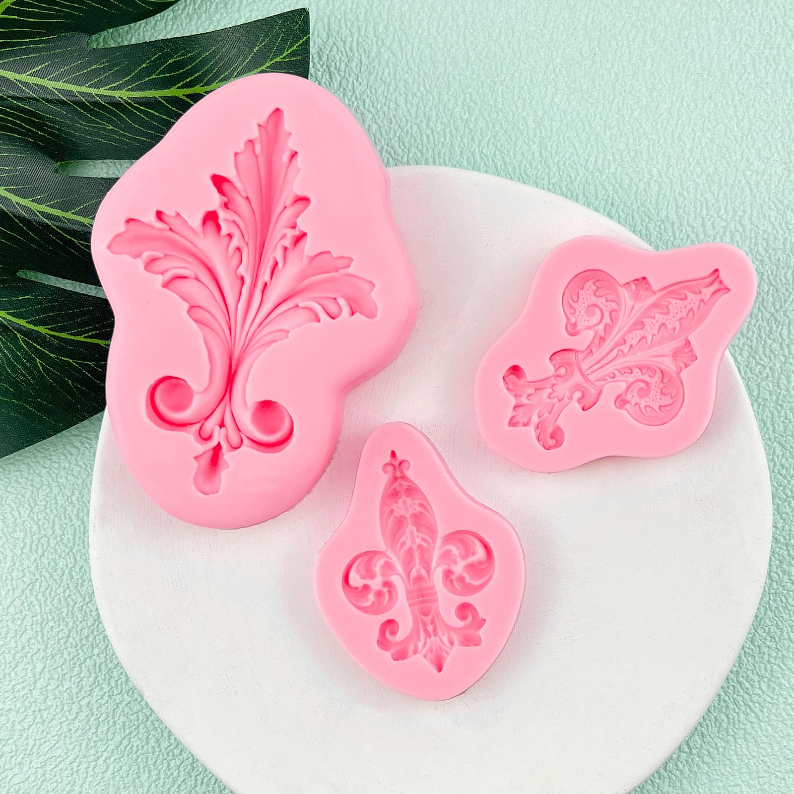 Baroque Embossed Feather Fondant Molds Set of 3 - European Relief Scroll Chocolate Silicone Molds for Baking & Crafts | Perfect for Cupcake Toppers, Flower Paste, Mousse, Candy, Sugar Craft, Gum Paste, Dough & Clay Projects | Ideal for Home Baking, Cake Decorating & DIY Resin Art