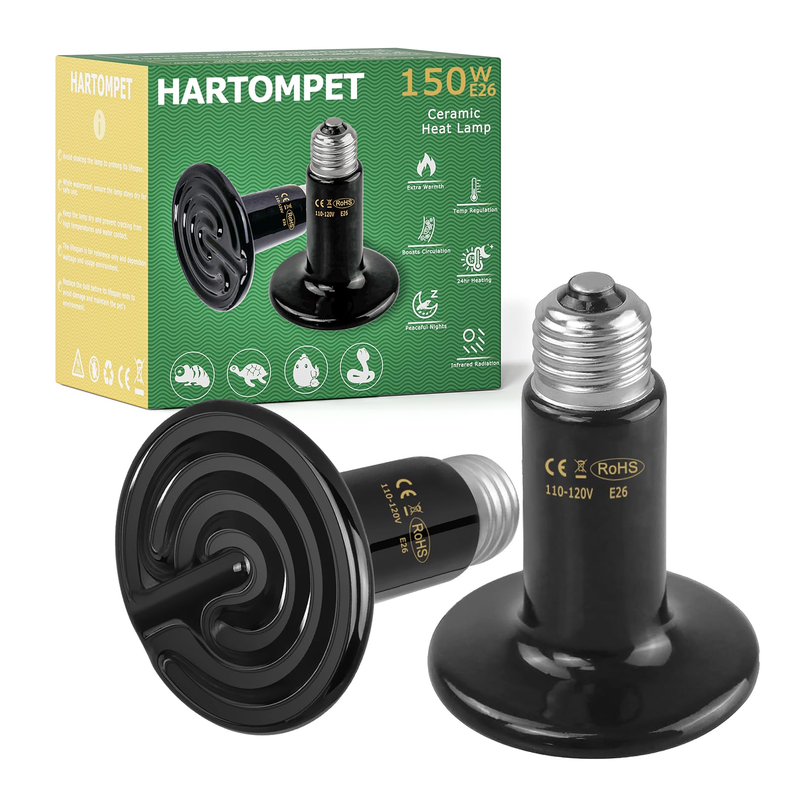 150W Ceramic Heat Emitter - Infrared Reptile Heating Bulb for Lizards, Turtles, Snakes & Pets | No Light, No Harm ETL Certified | Perfect for Terrariums, Chicken Incubators & Pet Heating