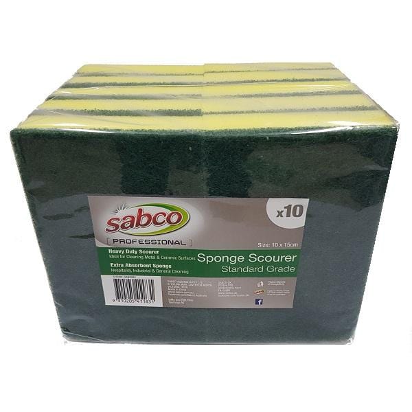 Sabco 10-Pack Heavy Duty Scouring Pads - Green & Yellow Dual-Sided Kitchen Sponges for Tough Cleaning | Dishwashing, Pots, Pans & Countertop Cleaning