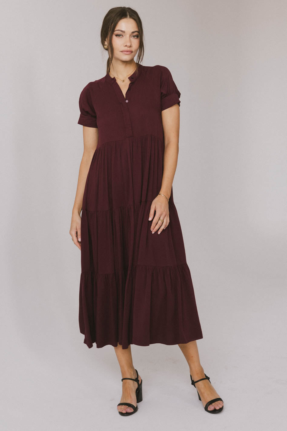 Amanda Elegant Burgundy Tiered Maxi Dress for Women - Perfect for Weddings, Parties & Special Occasions