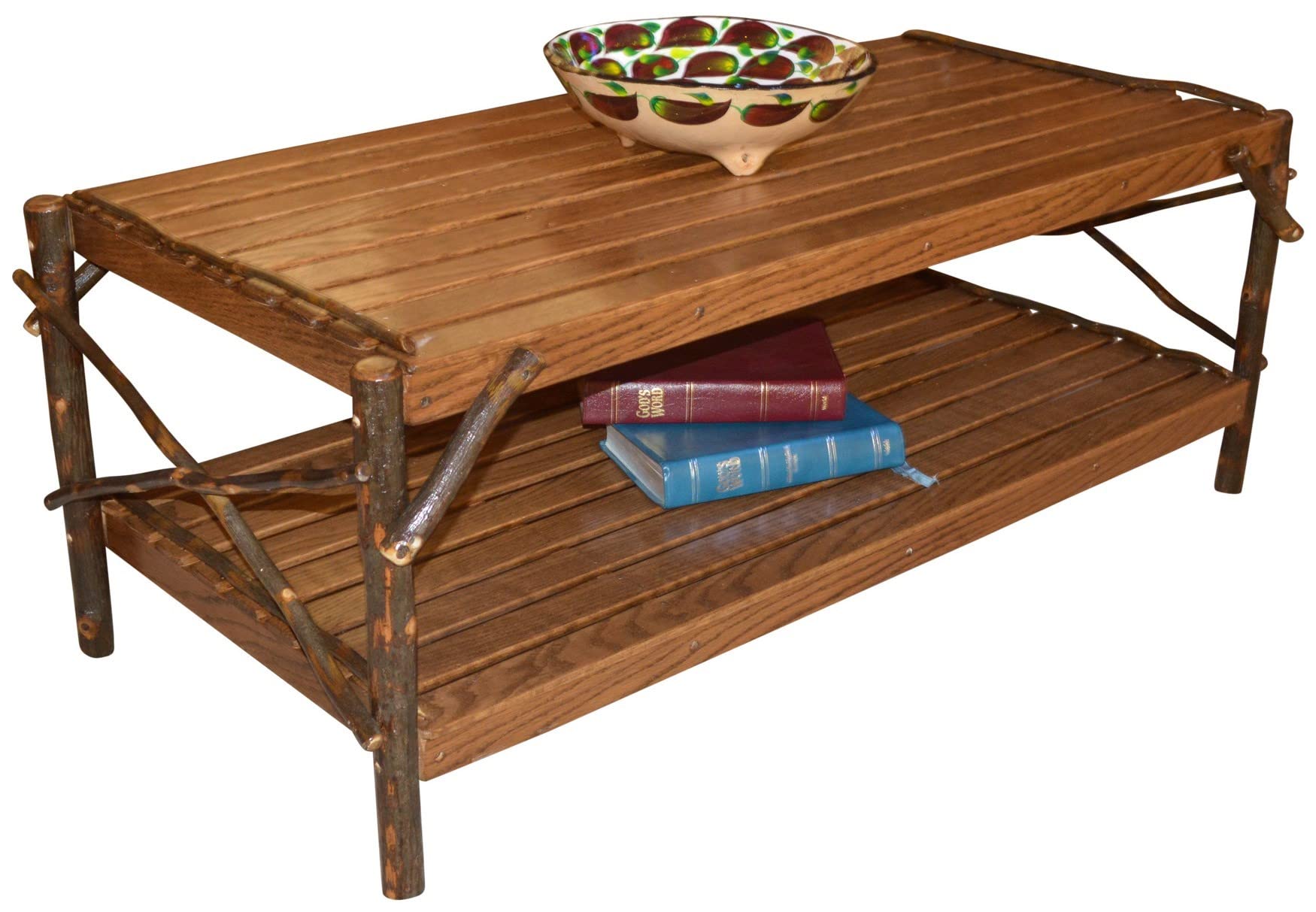 Hickory Coffee Table with Shelf - Walnut Finish Solid Wood Furniture for Living Room | Rustic Farmhouse Style Side Table for Home Decor & Storage
