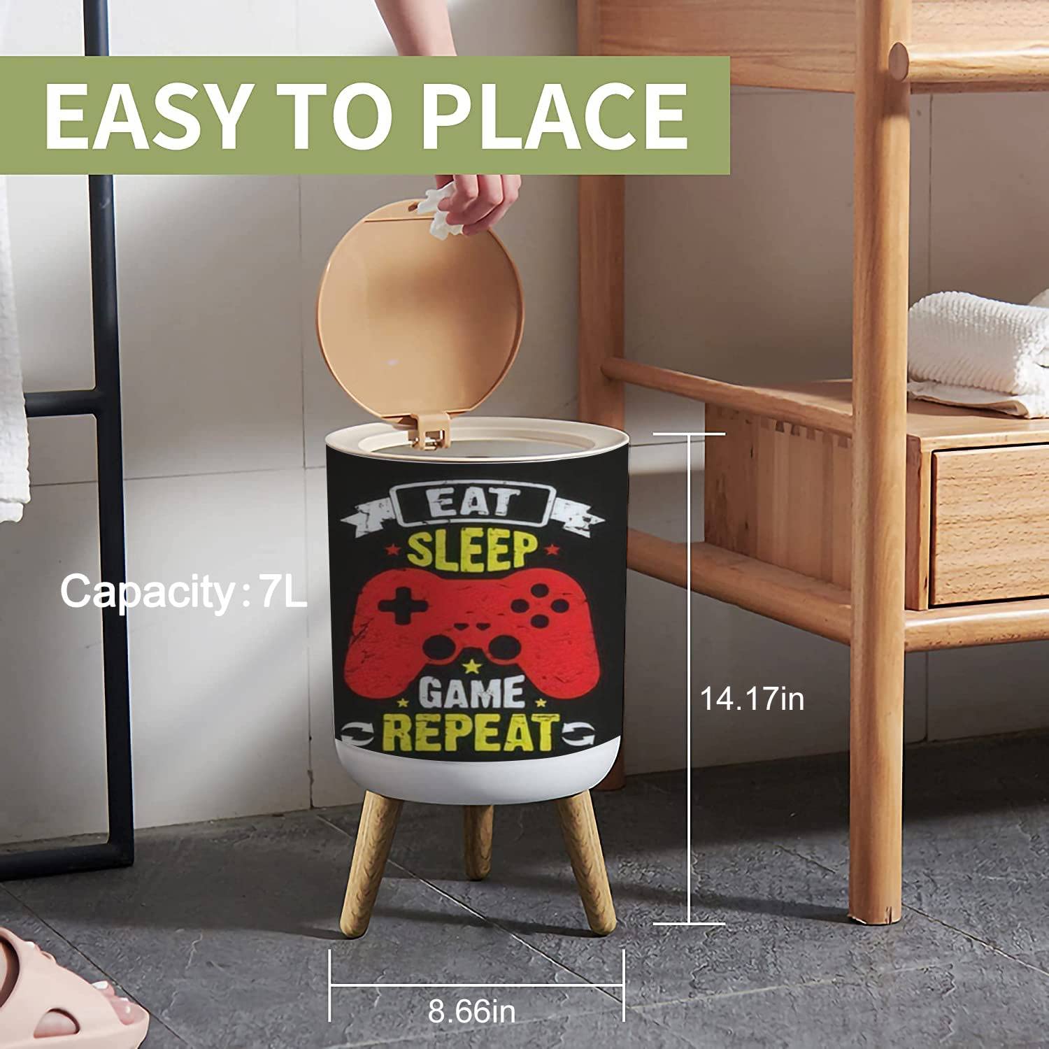 Small Trash Can with Lid - 1.8 Gallon Round Waste Bin with Press Cover & Gaming Typographic Quotes Design | Dog Proof Garbage Bin for Kitchen, Bathroom, Living Room | Perfect for Gaming Rooms, Home Offices & Dorm Rooms
