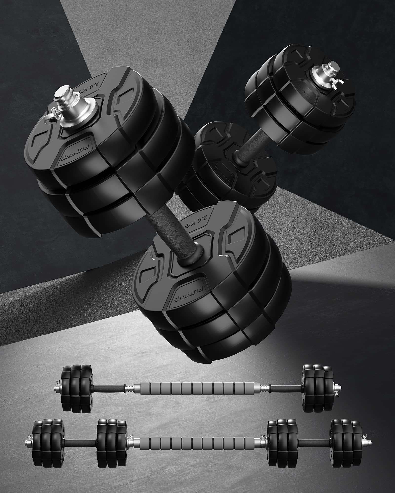 RUNWE Adjustable Dumbbell and Barbell Set - 40lb/50lb/70lb/90lb/100lb Weight Plates with 1-Inch Center Hole - Home Gym Strength Training Equipment for Men & Women - Perfect for Weightlifting, CrossFit, and Full-Body Workouts
