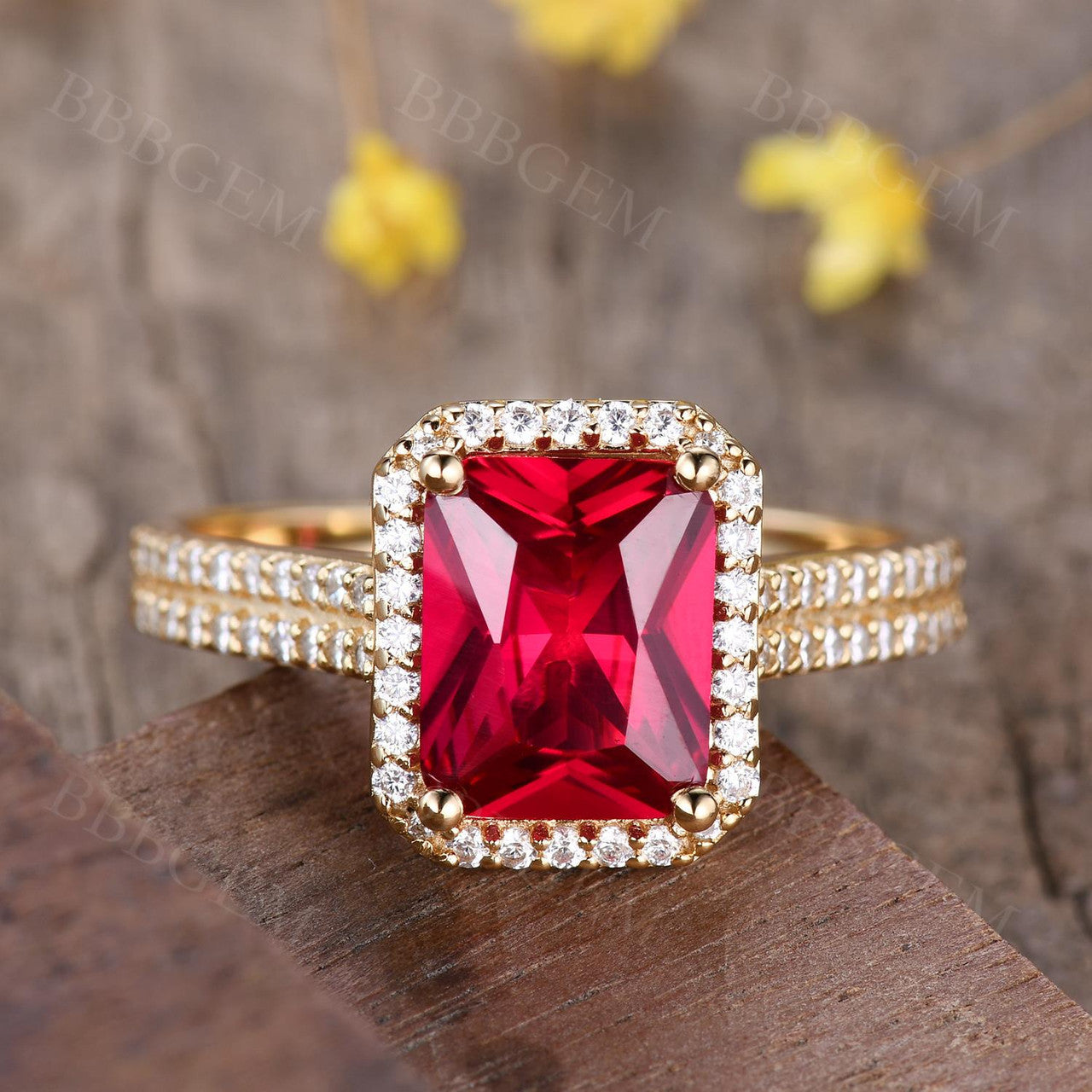 Vintage 8X10mm Yellow Gold Ruby Engagement Ring with Diamond Halo Wedding Band - 4 Carat Genuine Ruby & Diamond Ring for Women, Perfect for Proposals, Anniversaries & Special Occasions