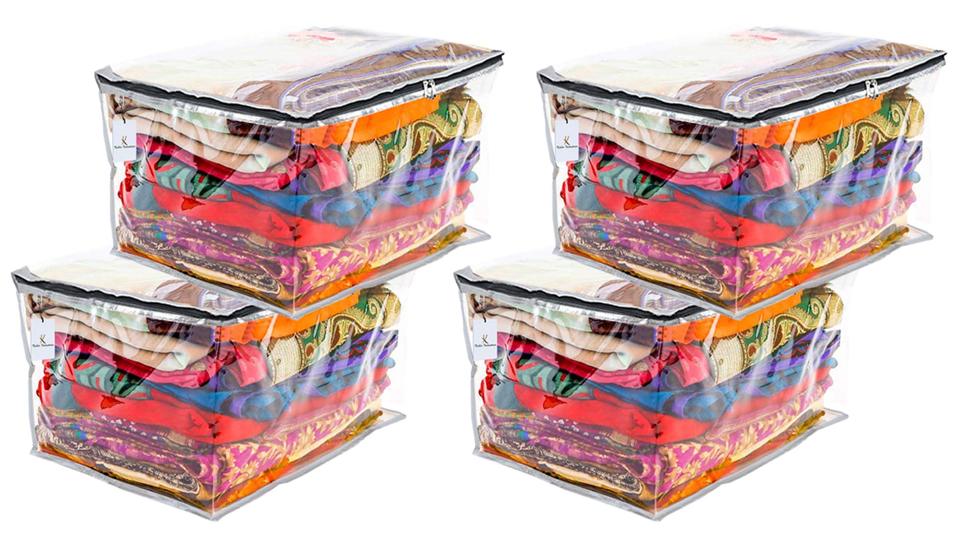 PVC Wardrobe Clothes Organizer - Transparent Storage Bags for Saree, Shirts & Lehenga - Zip Closure Dress Hangers (22cm x 35cm, Pack of 4) - Perfect for Closet Organization, Travel & Seasonal Clothing Storage