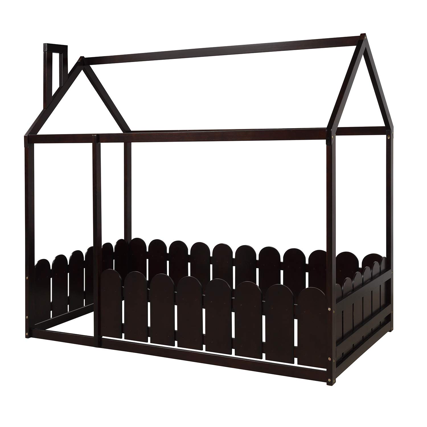 P PURLOVE Twin Size Wooden House Bed Frame - Montessori Floor Bed with Fence & Roof for Kids, Teens, Boys & Girls - Espresso Finish - Perfect for Playrooms, Bedrooms & Montessori Learning Spaces