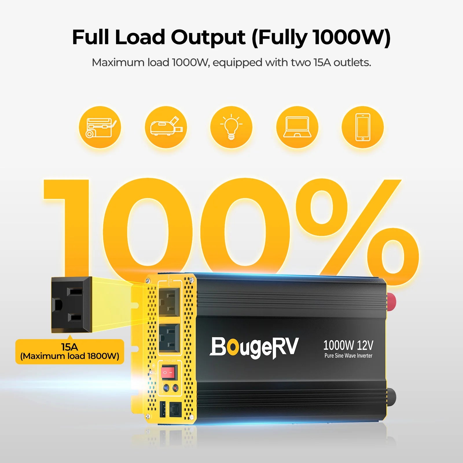 BougeRV 1000W 12V Pure Sine Wave Power Inverter with Bluetooth - Perfect for RVs, Camping, Off-Grid Living & Emergency Power Backup