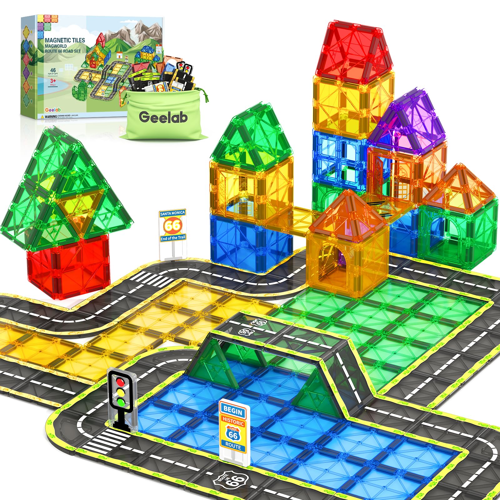 Magnetic Tiles Route 66 Road Set - STEM Educational Building Blocks for Kids Ages 3-8 | Creative Construction Toys for Boys & Girls | Sensory Learning Toys for Toddlers | Perfect Christmas & Birthday Gift for Kids | Great for Classroom, Playroom & Road Trip Activities