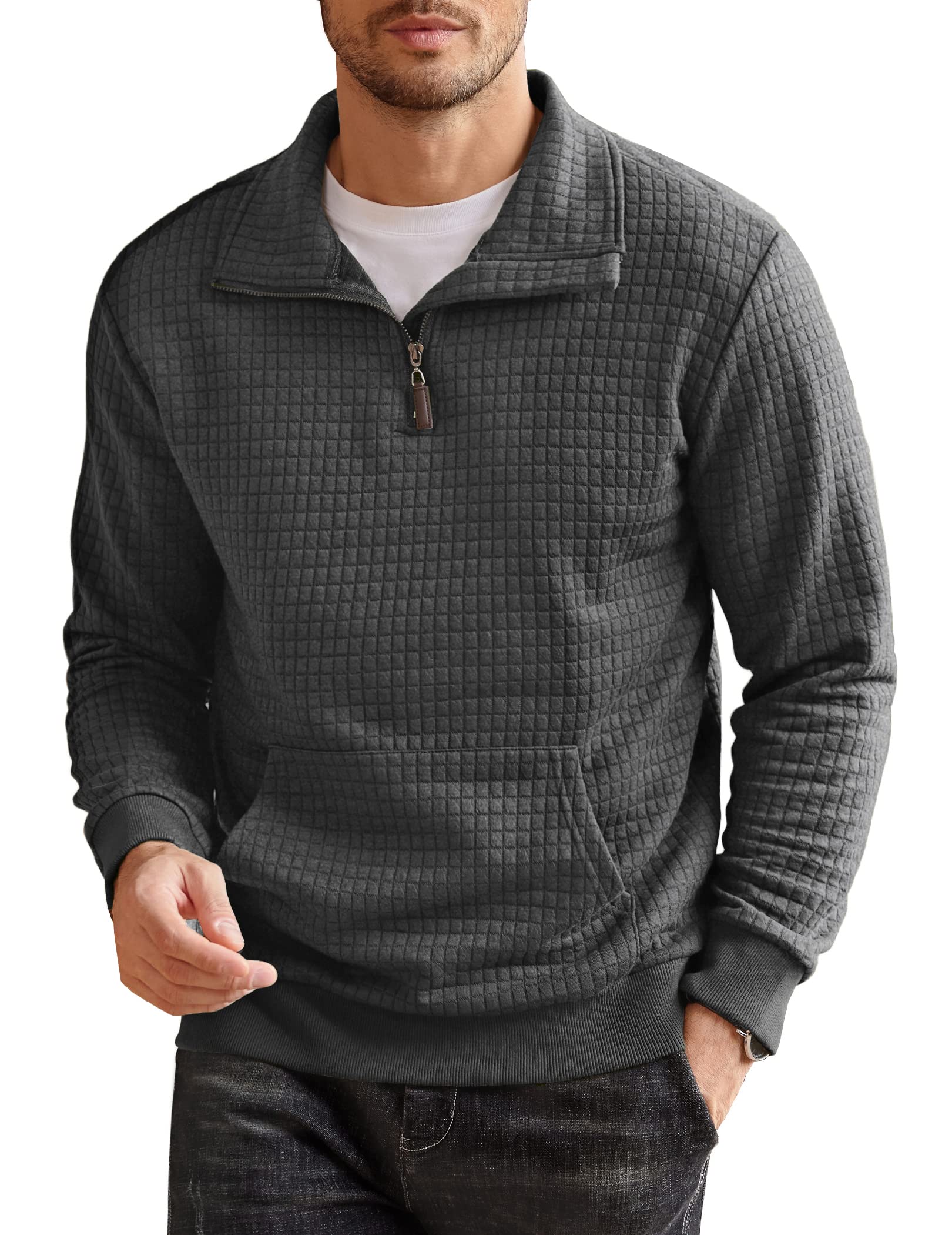 COOFANDY Men's Quarter Zip Sweatshirt - Long Sleeve Waffle Knit Pullover Hoodie with Pocket | Casual Fall & Winter Layering for Outdoor Activities