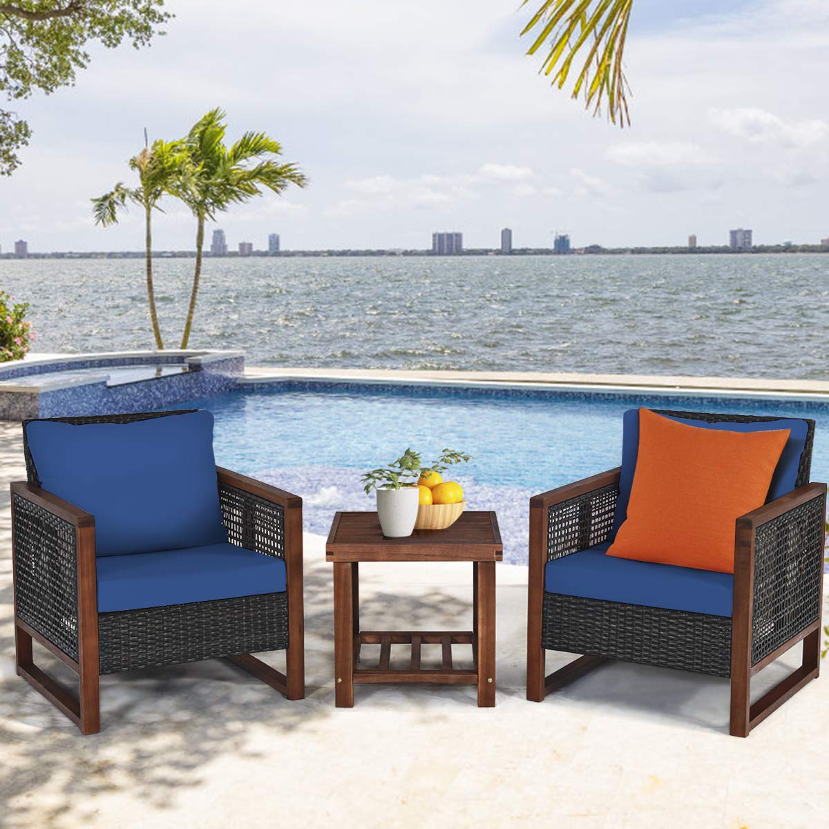 **Tangkula 3-Piece Patio Wicker Furniture Set - Outdoor Rattan Sofa Set with Washable Cushions & Acacia Wood Coffee Table - Garden, Balcony, Backyard Conversation Bistro Set (Blue) - Perfect for Relaxing, Entertaining, and Outdoor Dining**