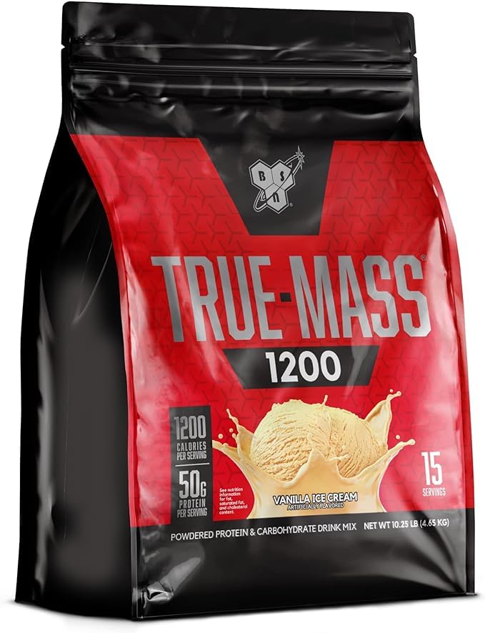 BSN TRUE-MASS Weight Gainer Protein Powder - Vanilla Ice Cream Flavor, 5.82 lbs - Muscle Mass Builder for Athletes & Bodybuilders - Post-Workout Recovery & Weight Gain Supplement