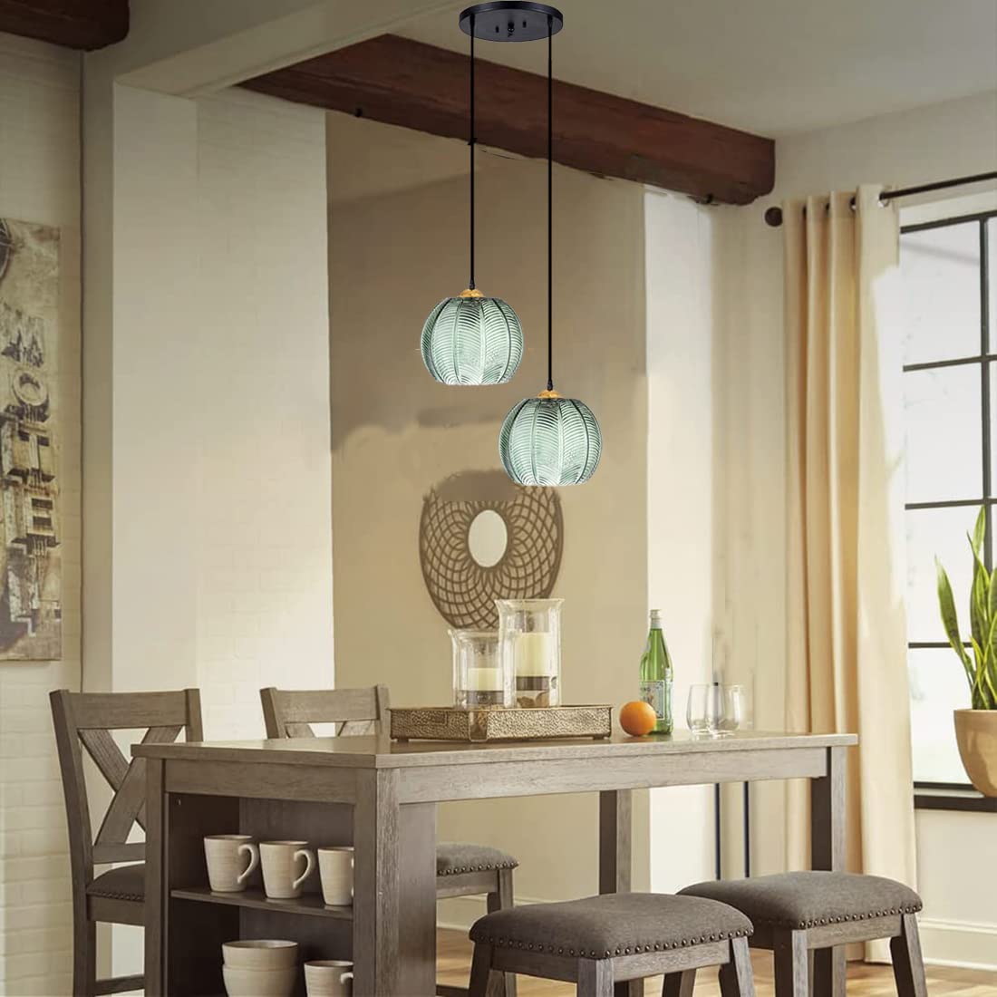 Modern 2-Light Glass Pendant Light Fixture with Green Ribbed Glass Shade - Stylish Globe Chandelier for Kitchen Island, Dining Room, Living Room & Bedroom - Perfect for Home Decor, Restaurant Lighting and Commercial Spaces
