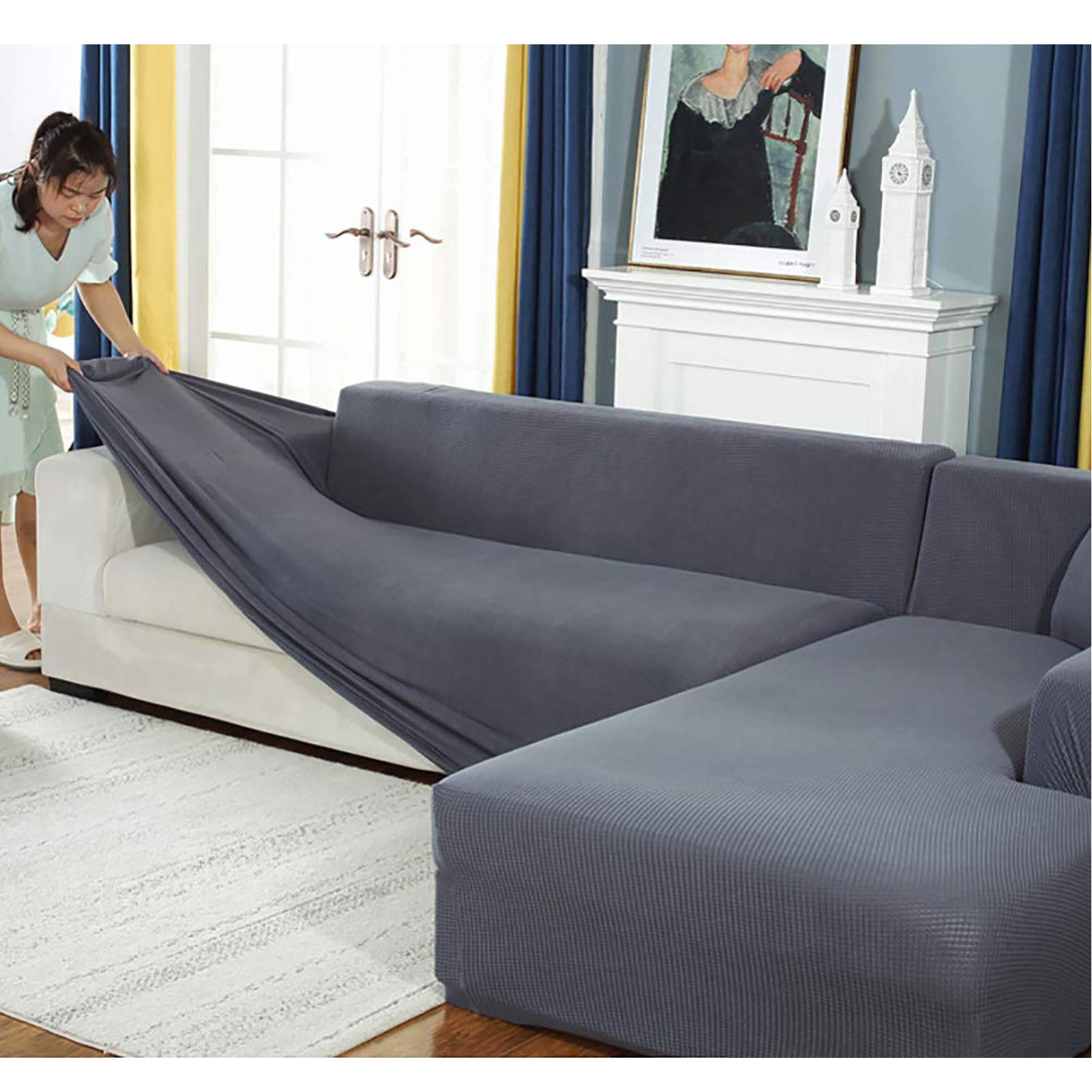Stretch L-Shaped Sofa Covers - Anti-Slip Sectional Couch Cover with Elastic Straps for 1+3 Seats | Perfect for Living Room, Family Room & Home Theater Furniture Protection