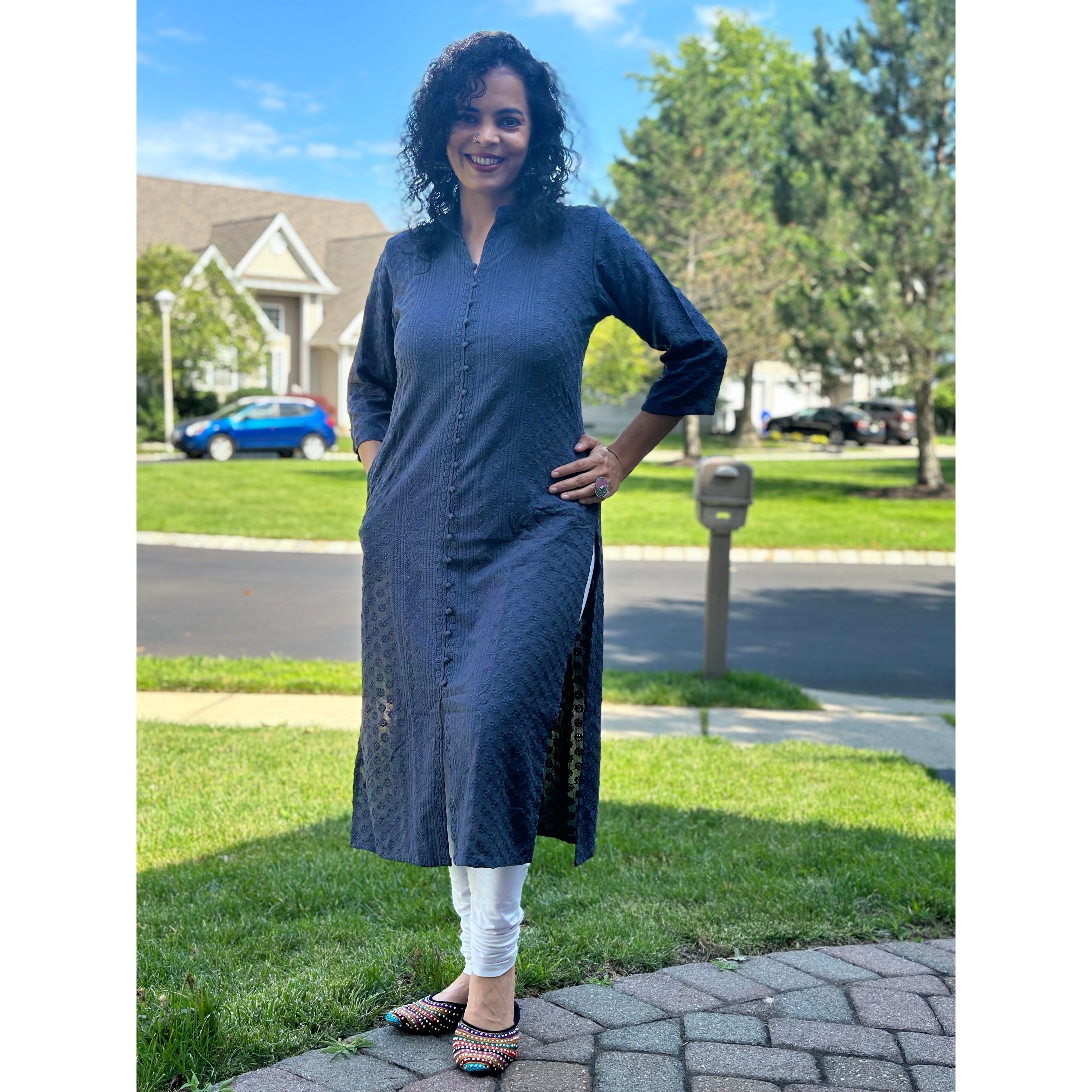 Elegant Grey Lakhnavi Chikankari Kurta for Women | Handcrafted Embroidered Cotton Tunic | Perfect for Festivals, Weddings & Casual Wear