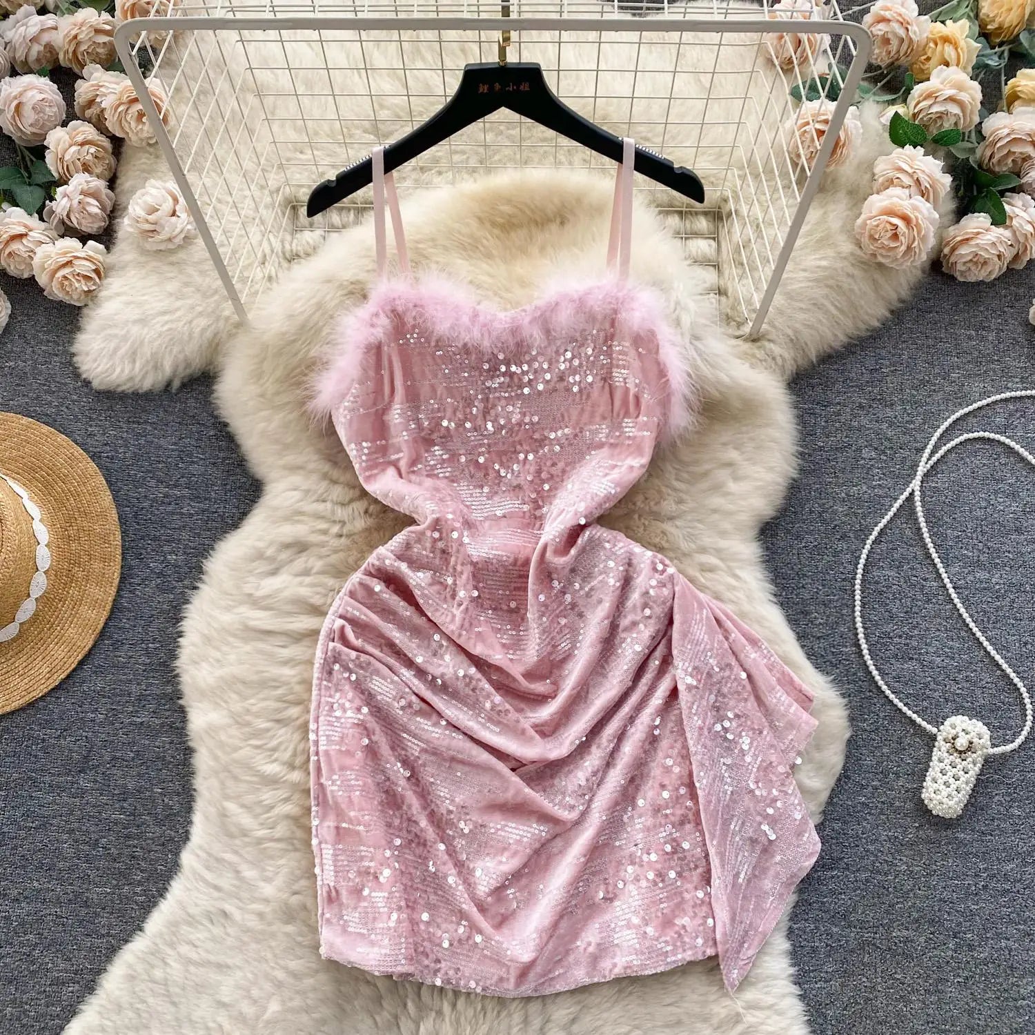 Sexy Beige Sequins Furry Slip Dress for Women - Off Shoulder Backless Mini Dress for Club, Party & Birthday - Fashion Slim Fit Autumn Dress (Also Available in Black & Pink) - Perfect for Night Out, Date Night and Special Occasions