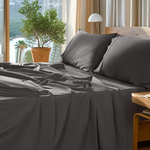 SONORO KATE 100% Egyptian Cotton Sheets Set - 1000 Thread Count Luxury Sateen Bedding, Ultra Soft & Breathable Long Staple Sheets, 4-Piece Full Size Set (Dark Grey) - Perfect for Hotels, Guest Rooms & Premium Home Bedding