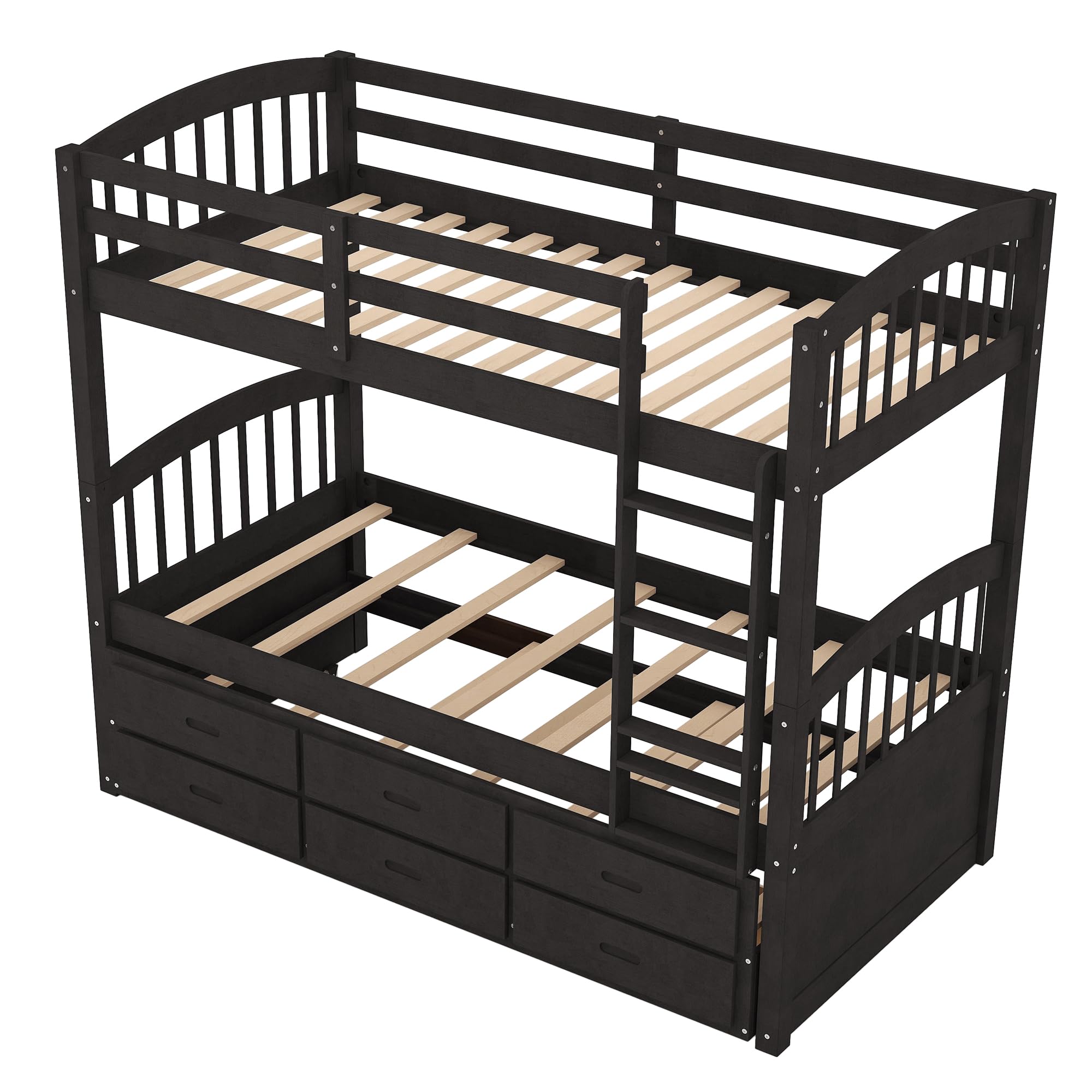 P PURLOVE Twin Over Twin Wood Bunk Bed Frame with Trundle & 3 Drawers - Sturdy Espresso Bunk Beds for Kids, Teens, Boys & Girls - Perfect for Small Bedrooms, Guest Rooms & Vacation Homes