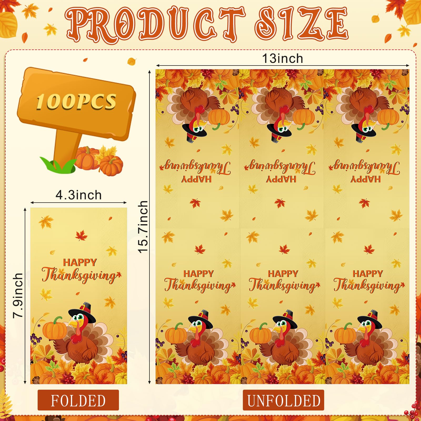 100-Pack Fall Pumpkin Maple Leaf Disposable Paper Napkins - Thanksgiving & Autumn Party Decor for Dining, Kitchen, Bathroom & Holiday Gatherings | Perfect for Thanksgiving Dinner, Fall Decorations & Seasonal Celebrations