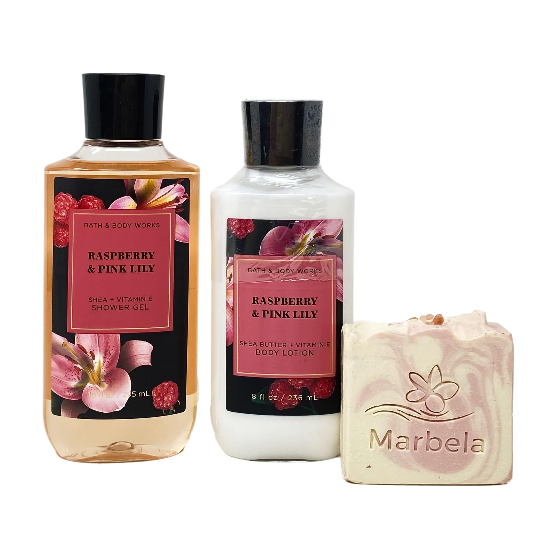 Bath & Body Works Raspberry & Pink Lily Duo Set - Shower Gel & Body Lotion with Himalayan Salt Bar Soap - Full Size Gift Set for Women, Relaxing Bath & Skincare Routine - Perfect for Spa Day, Self Care & Gifts