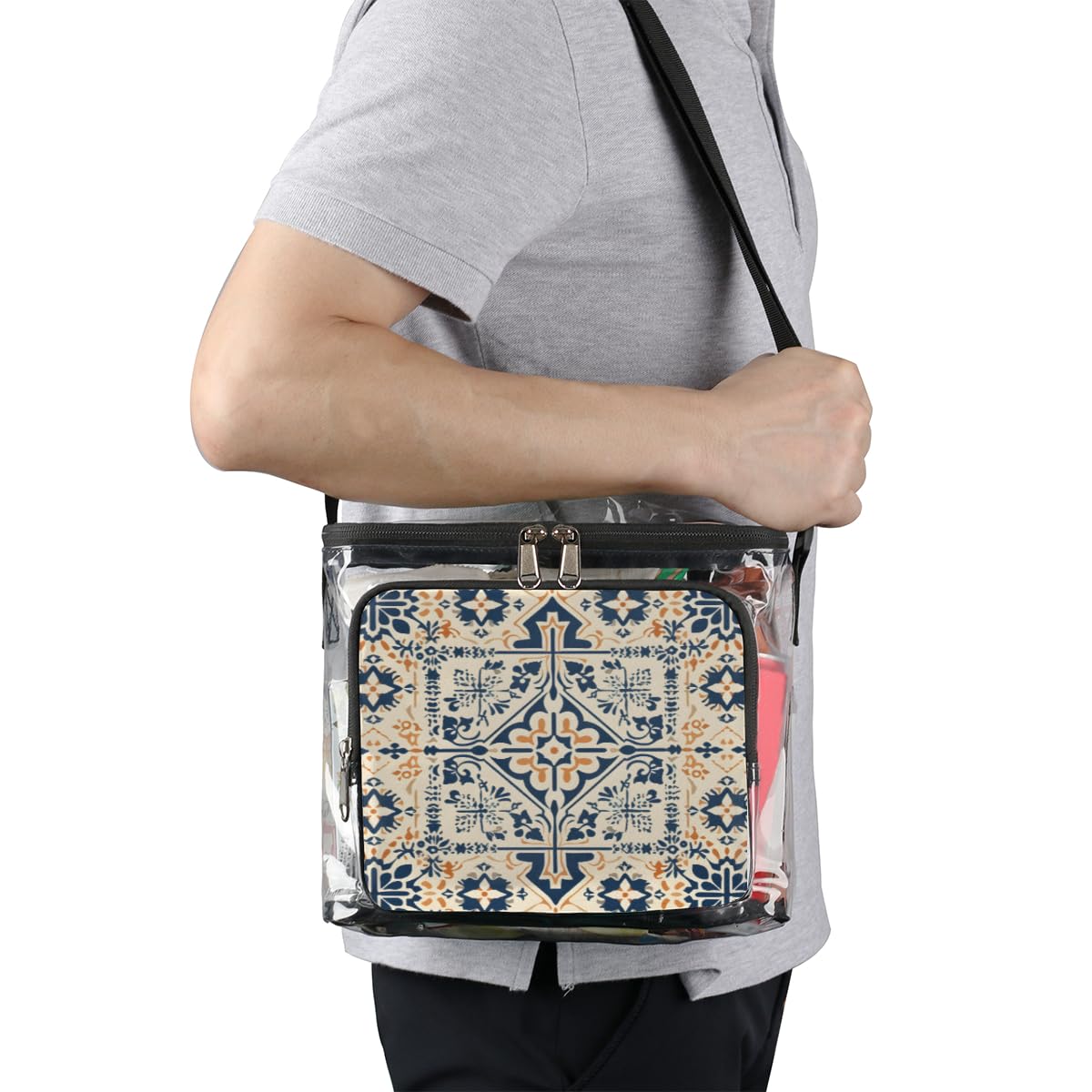 GzLeyigou Transparent Tote Bag with Abstract Floral Design - Ethnic Pattern Crossbody Shoulder Bag for Women | Perfect for Lunch, Travel, Picnic, Concerts & Sports Events | Stadium Approved Clear Purse for Outdoor Activities