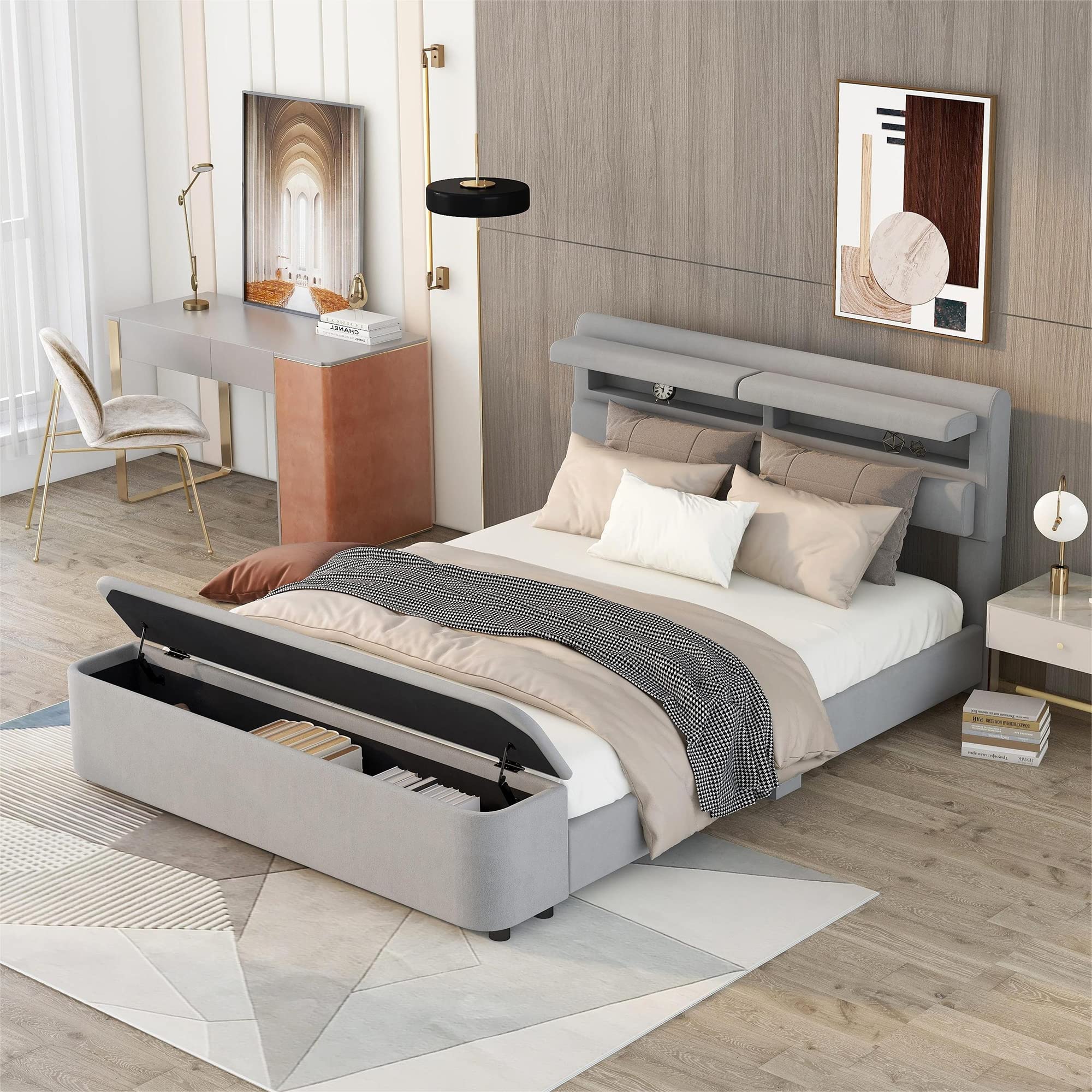 P PURLOVE Queen Size Storage Platform Bed with Velvet Upholstered Headboard & Footboard, Wooden Slat Support Mattress Foundation - Gray Bed Frame for Small Space & Guest Room