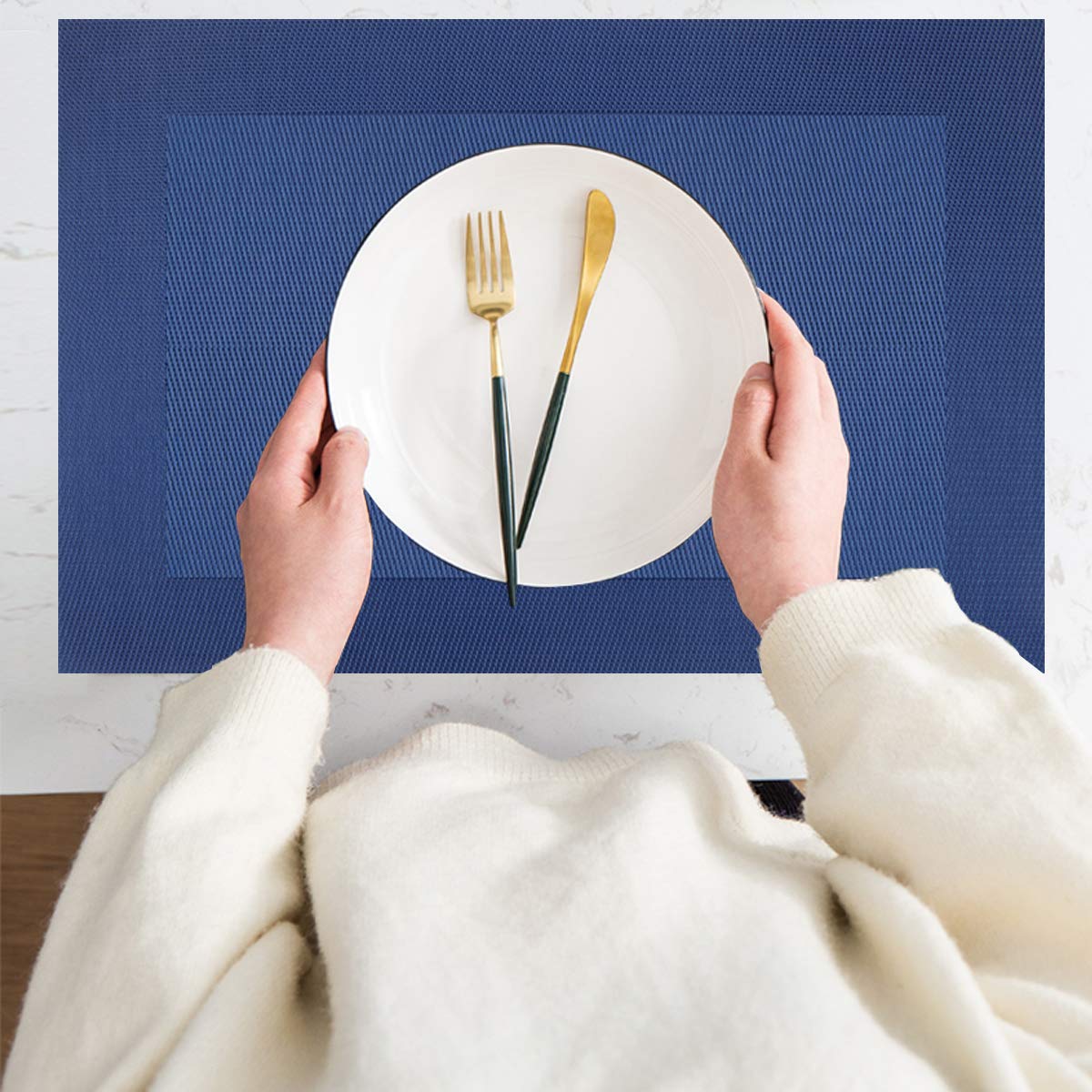 PIGCHCY Elegant Washable Vinyl Placemats Set of 6 with Non-Slip Table Runner - Navy Blue Dining Table Decor for Everyday Use & Special Occasions