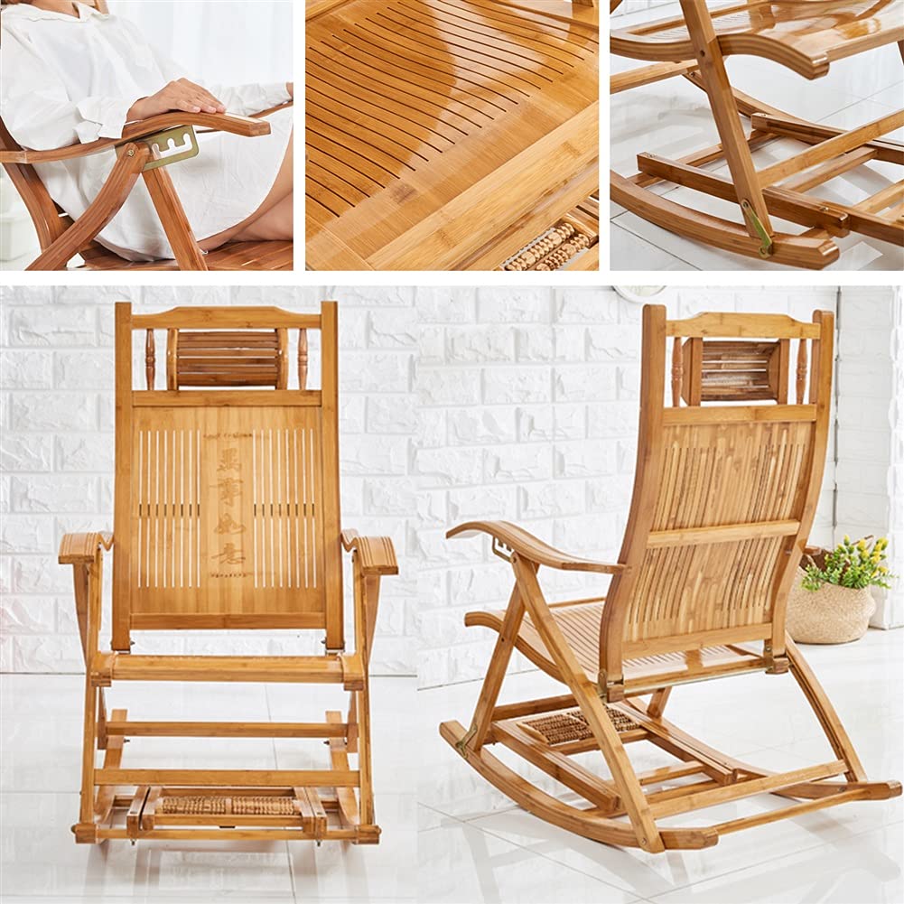 Premium Bamboo Rocking Chair for Adults - Heavy Duty 330Lbs Capacity, Padded Cushion, Foldable & Reclining - Outdoor Lounge Chair for Garden, Porch, Balcony & Patio Relaxation (Blue)