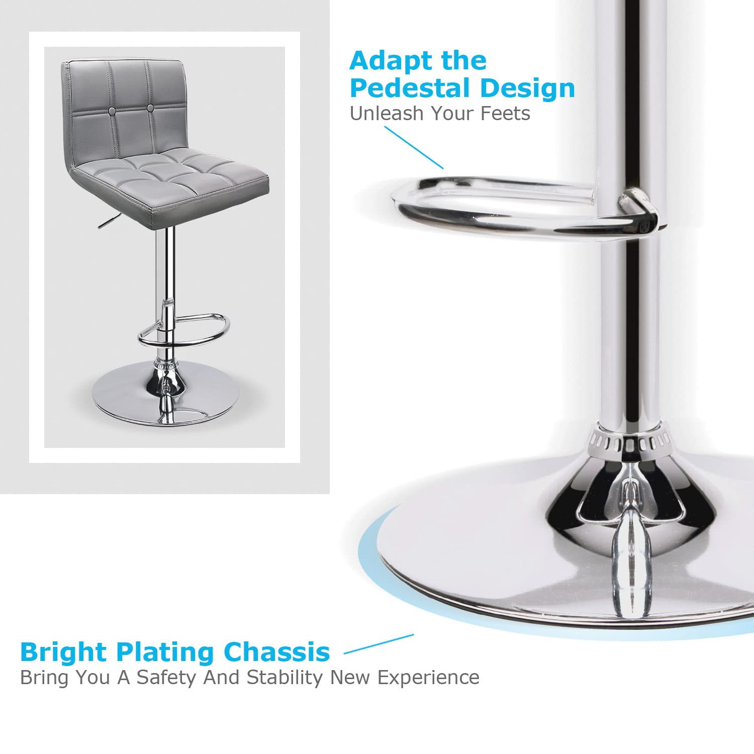 Adjustable PU Leather Bar Stools (Set of 2) - Modern Kitchen Island Counter Stools with Square Back & Double Stitching - Light Grey - Perfect for Breakfast Nook, Dining Area & Home Decor
