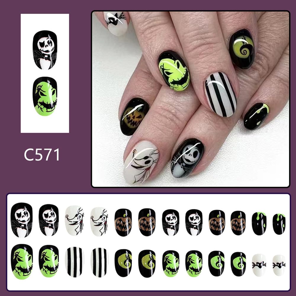 Spooky Halloween Press on Nails - Short Almond Fake Nails with Skull Designs | Acrylic Glue on Nails for Women | Perfect for Halloween Parties, Costume Accessories & Fall Nail Art